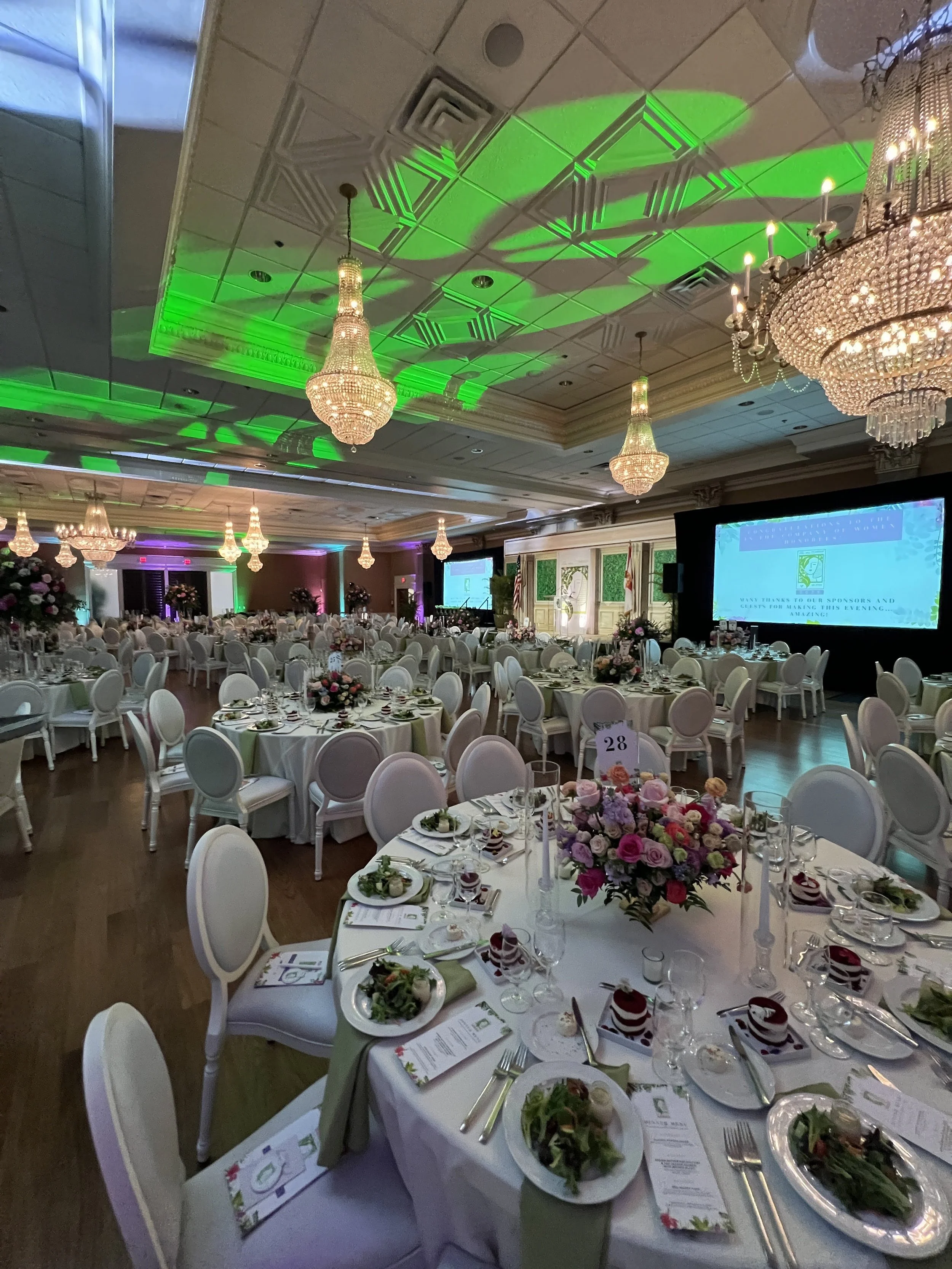 Green gobo pattern lighting on ballroom ceiling for a gala event, Specialty Lighting design in Sarasota