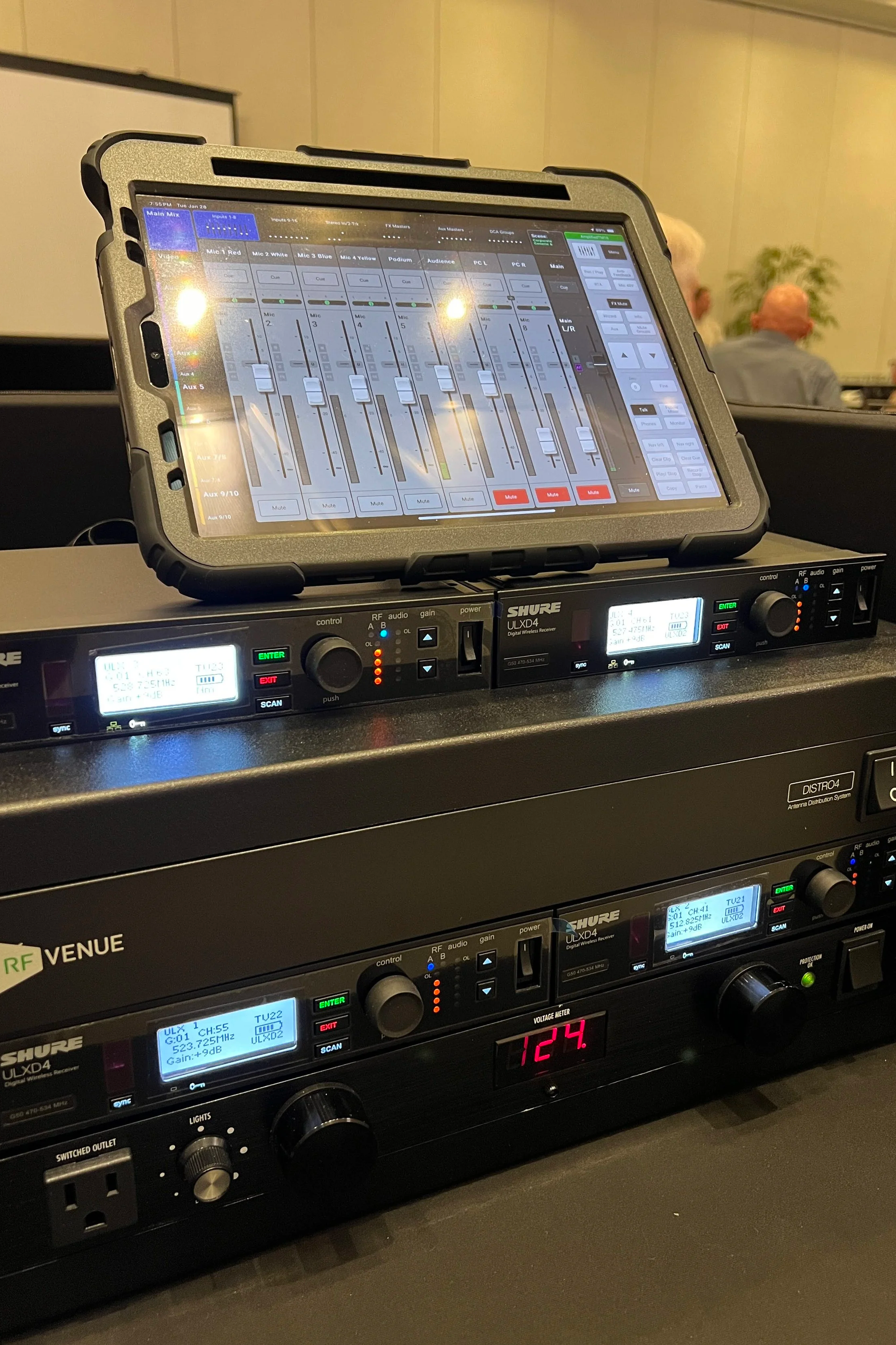 Audio equipment rack and wireless receivers set up for an event in Sarasota