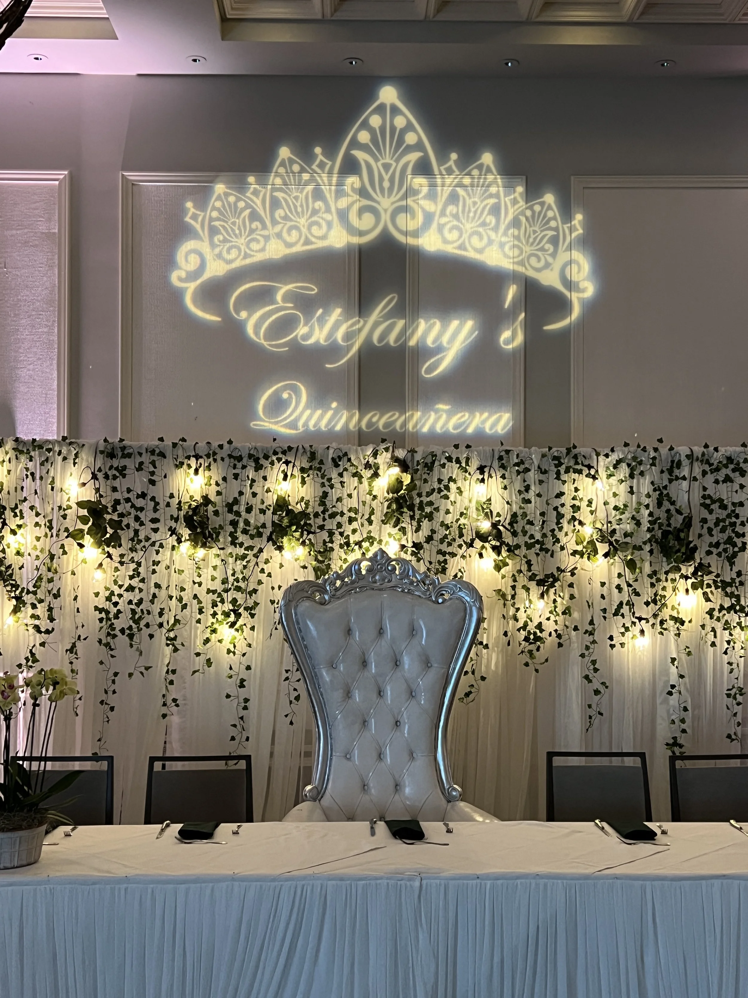 Custom tiara monogram gobo projection for a quinceañera in Southwest Florida
