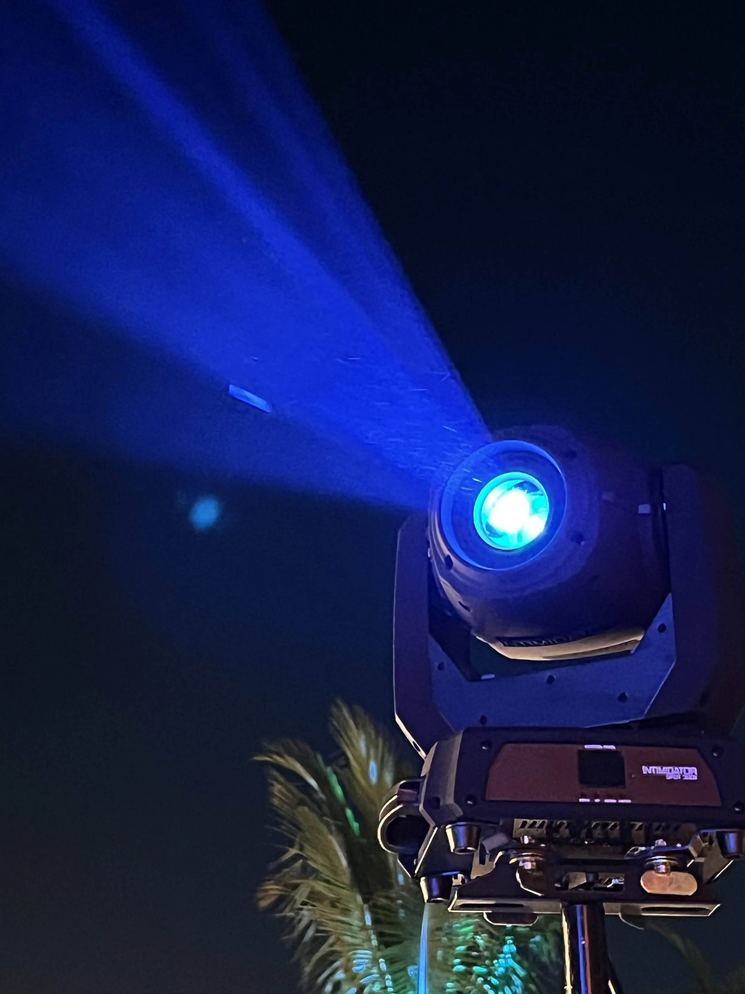 Close-up of a blue moving head light beam in Southwest Florida