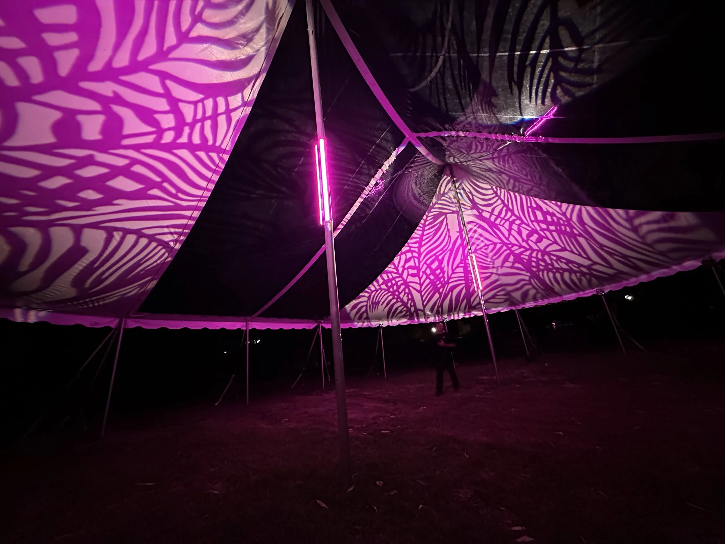 Tent interior with pattern light projection and pink ambient lighting in Southwest Florida
