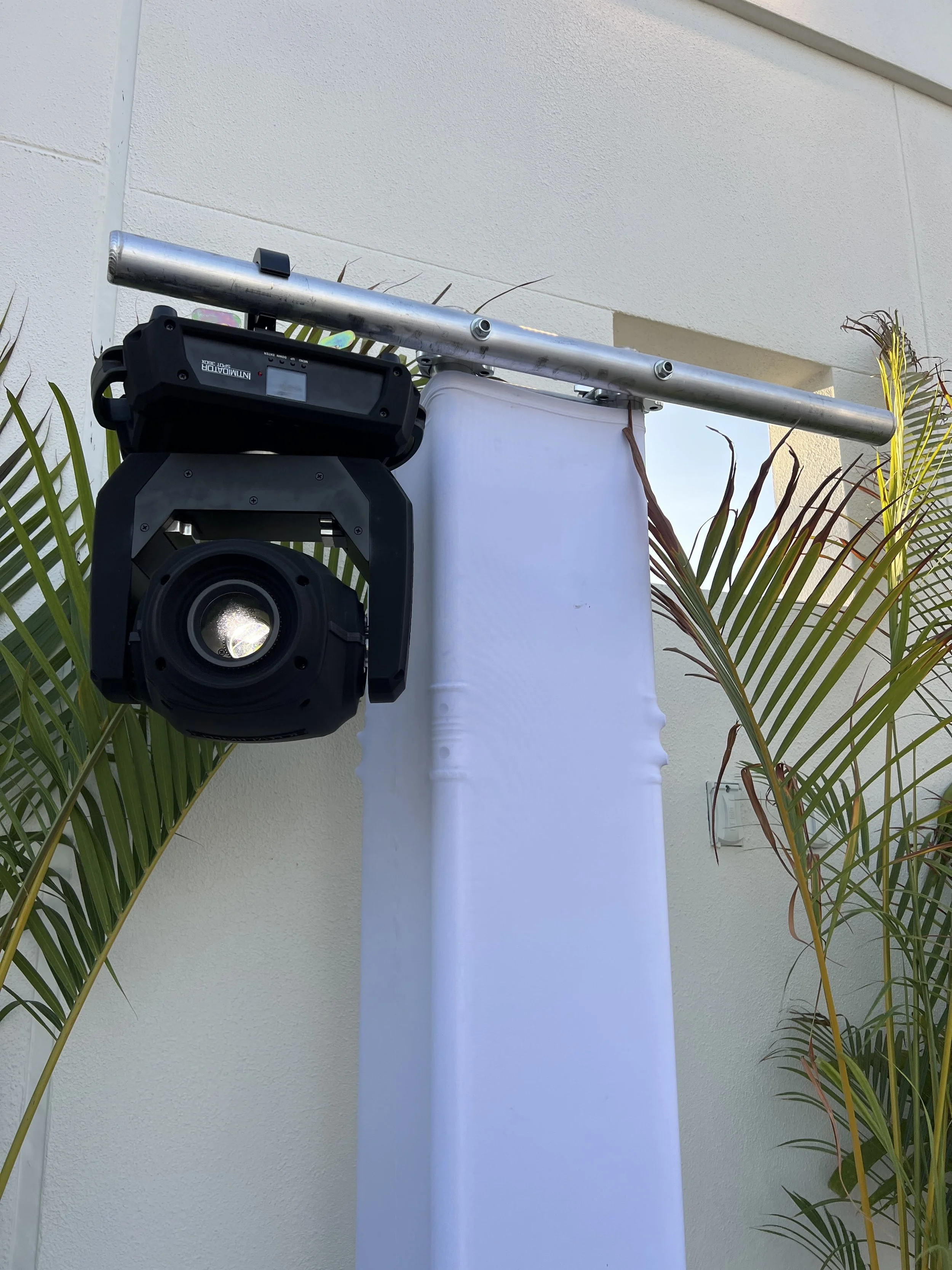 Moving head light mounted outdoors among palm fronds in Sarasota