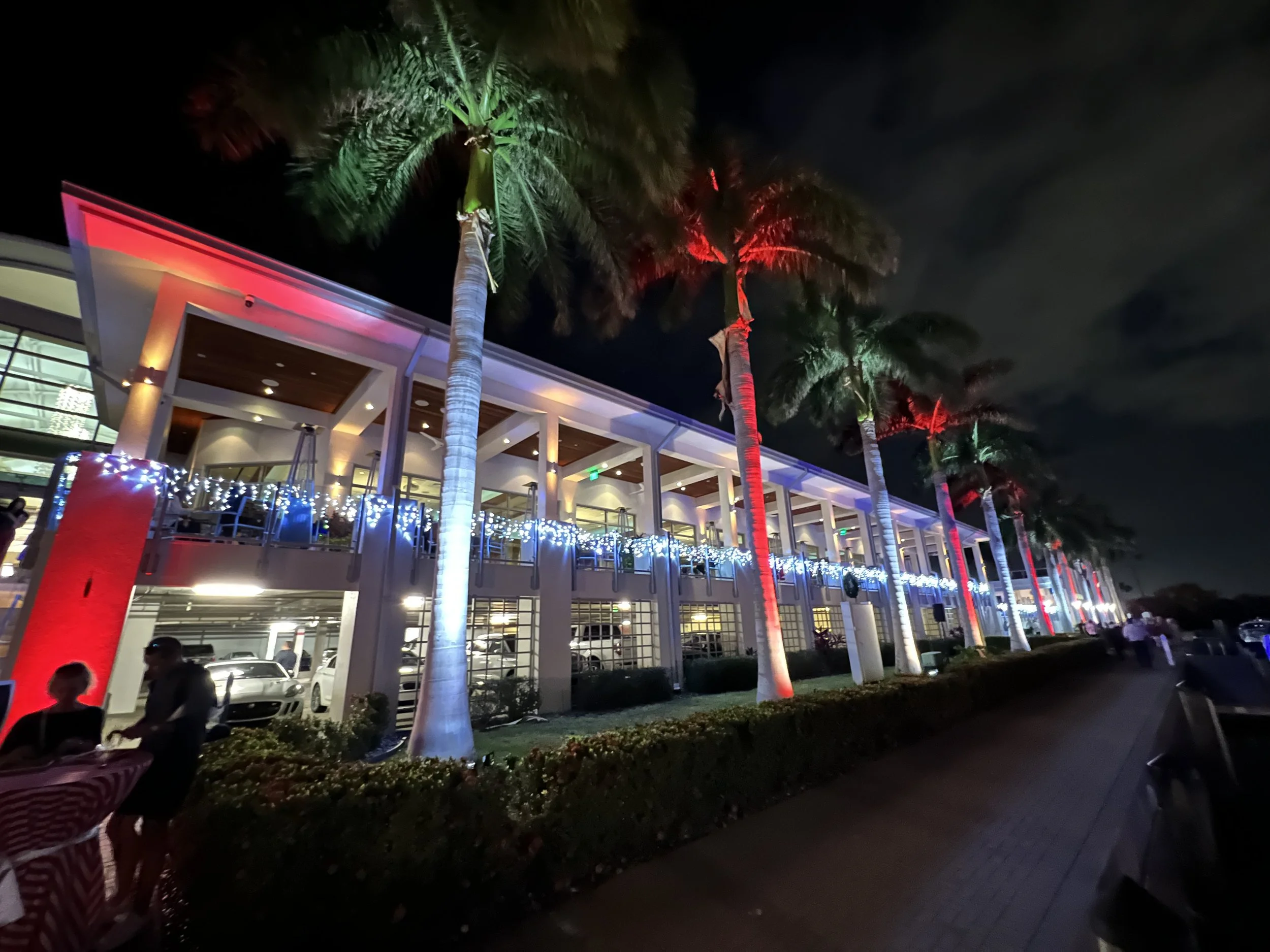 Venue exterior with red and green palm tree uplighting at night in Sarasota