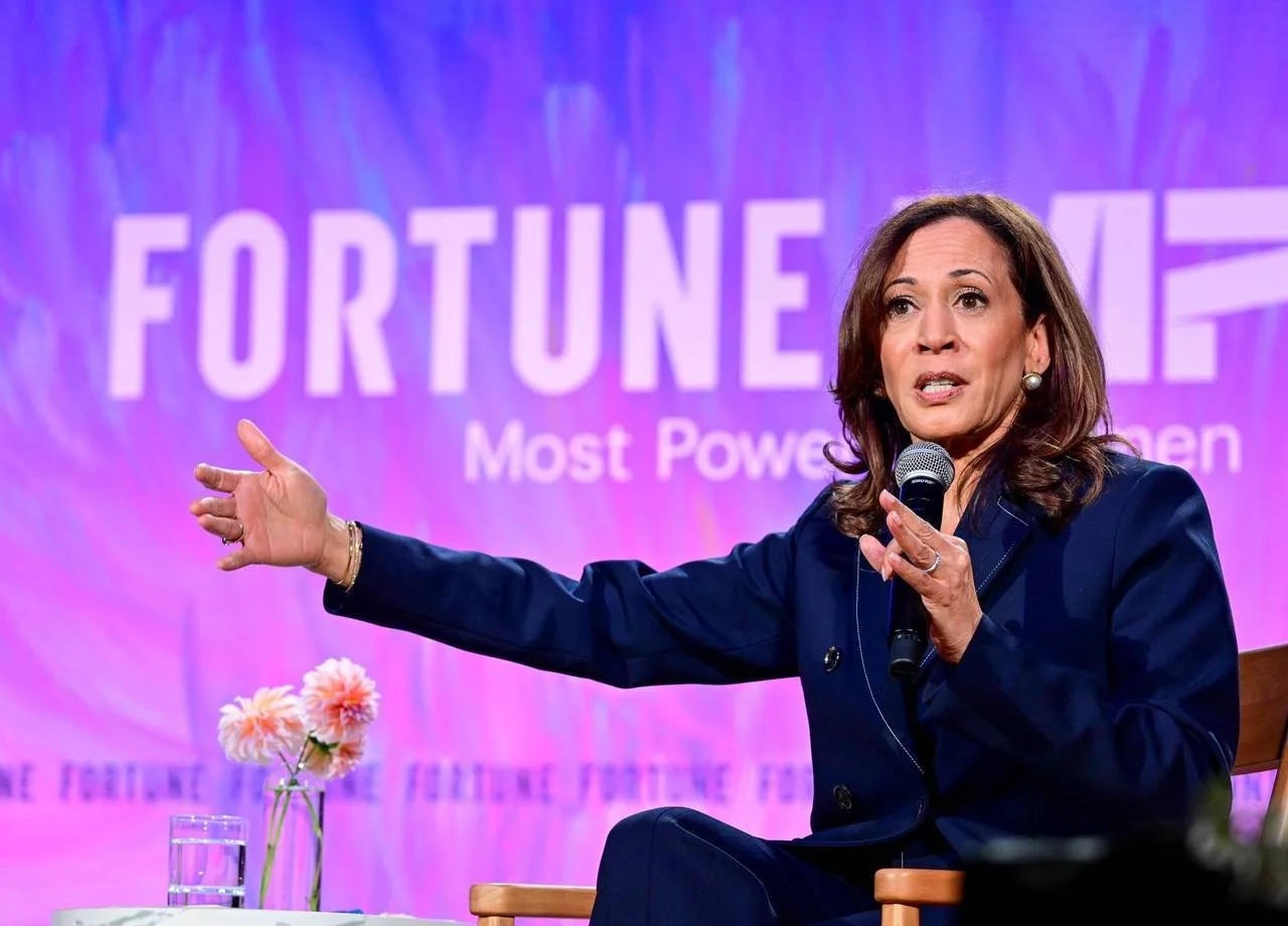 Kamala Harris speaks onstage during a conversation at Washington National Cathedral at the Fortune Most Powerful Women Summit 2025.