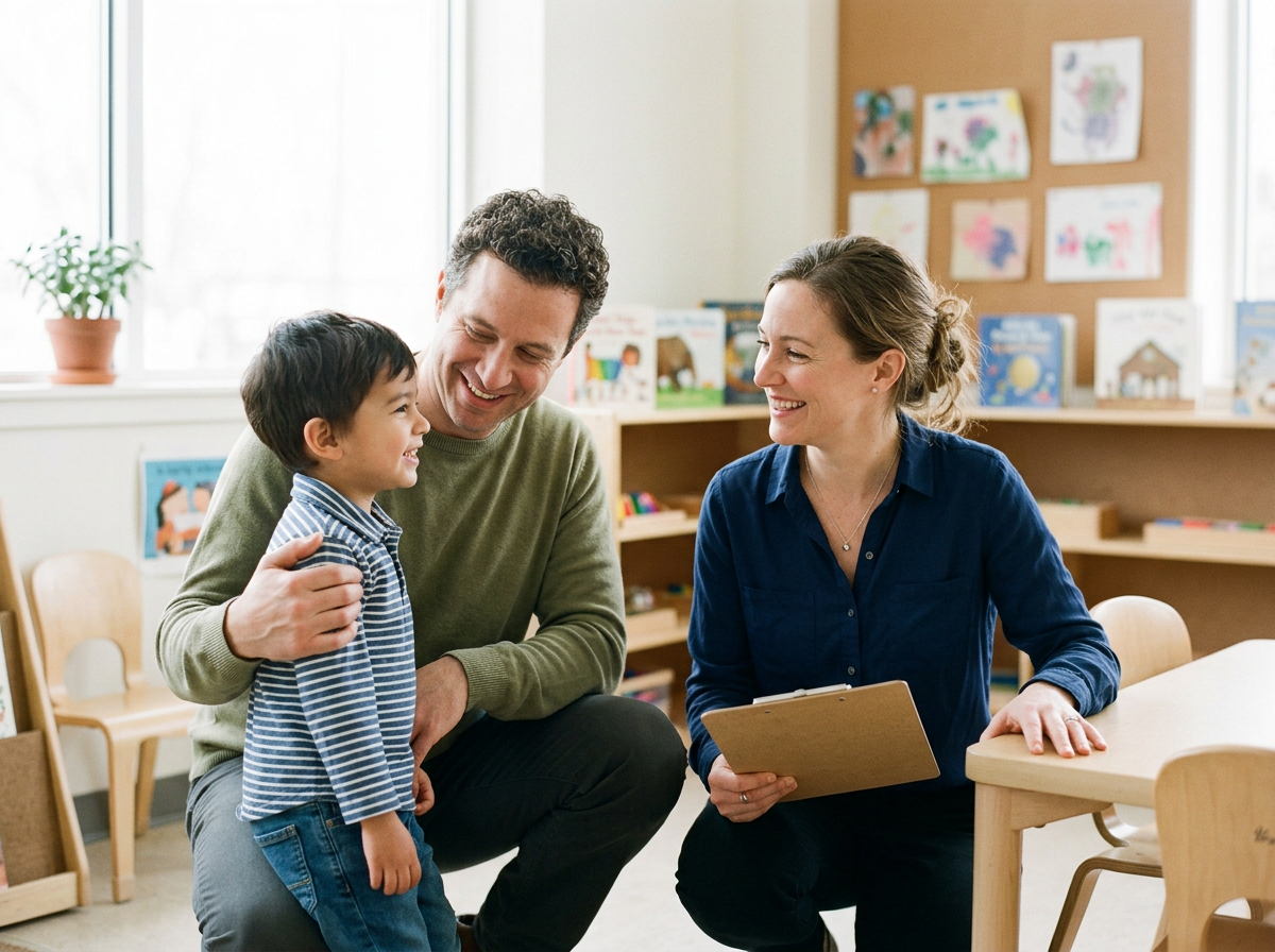 A young boy with dark hair, wearing a striped shirt and jeans, smiles while talking to a man and woman in a classroom. The man has curly hair and wears a green sweater; he is kneeling and holding the boy's arm. The woman has light brown hair tied back, wears a blue blouse, and is holding a clipboard, smiling at the boy. The background shows children's books and artwork on bulletin boards.
