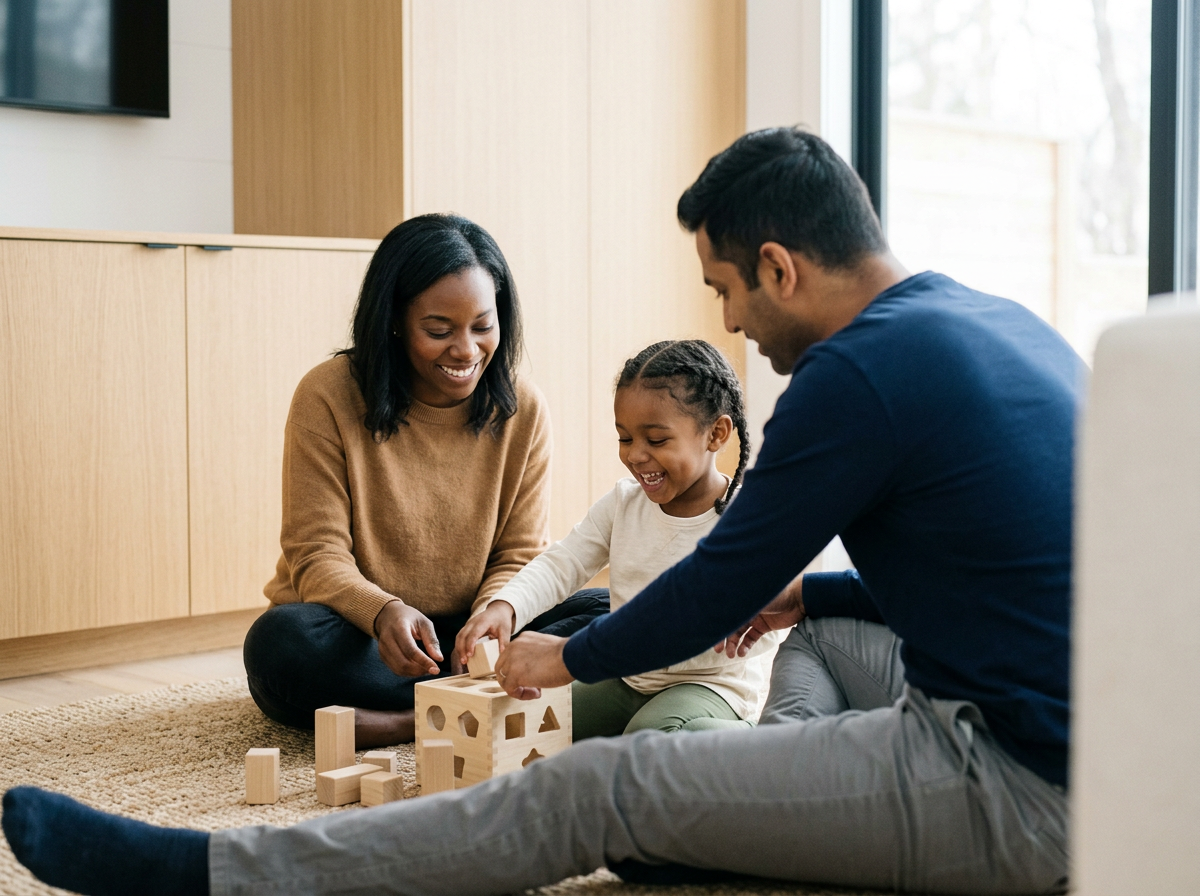 A family of three playing with wooden blocks on the floor in a sunlit room.