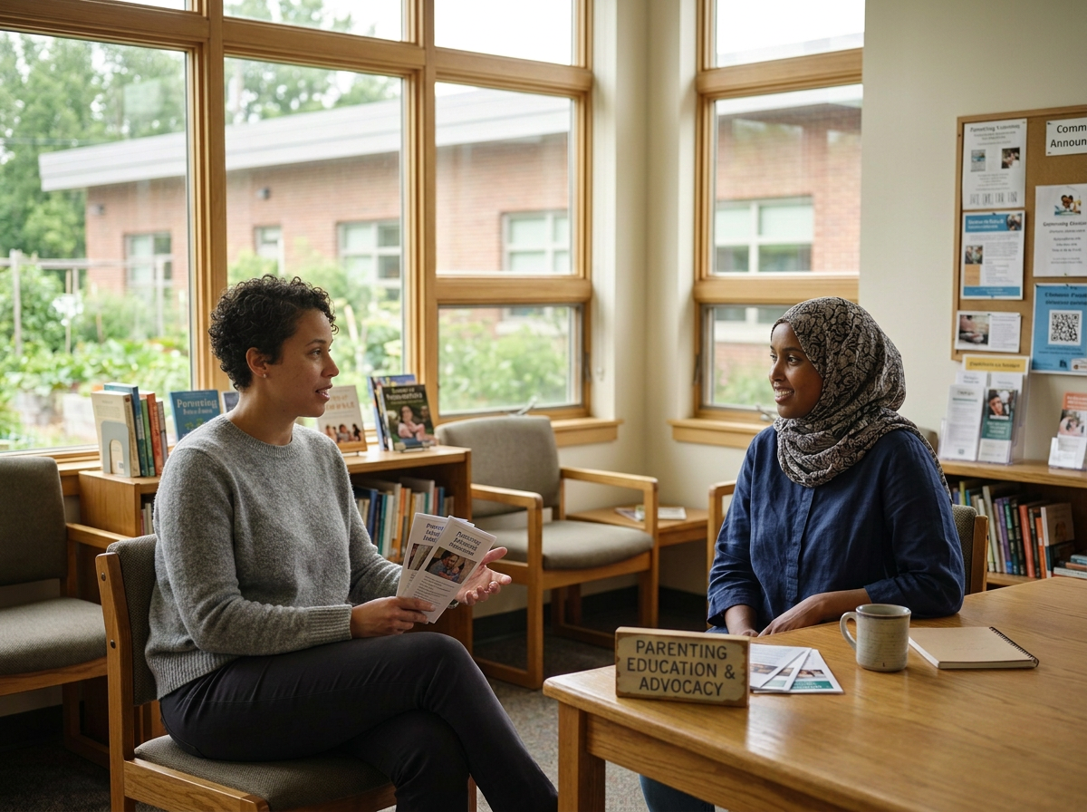 Two women sitting and talking in a room with large windows. One woman is holding brochures, and a sign on the table reads 'Parenting Education & Advocacy.' There are books and pamphlets on the shelves and a bulletin board on the wall.