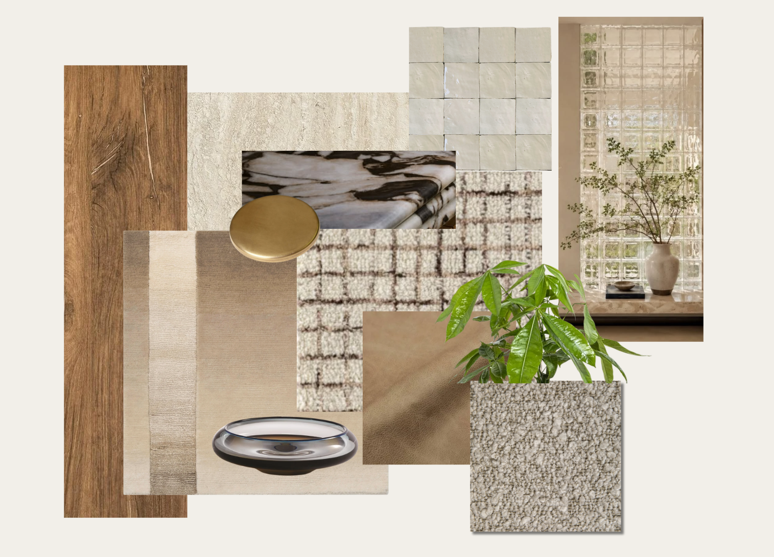 A collage of interior design materials including wood, stone, marble, glass, fabric, and plants, with a window and decorative objects in the background.