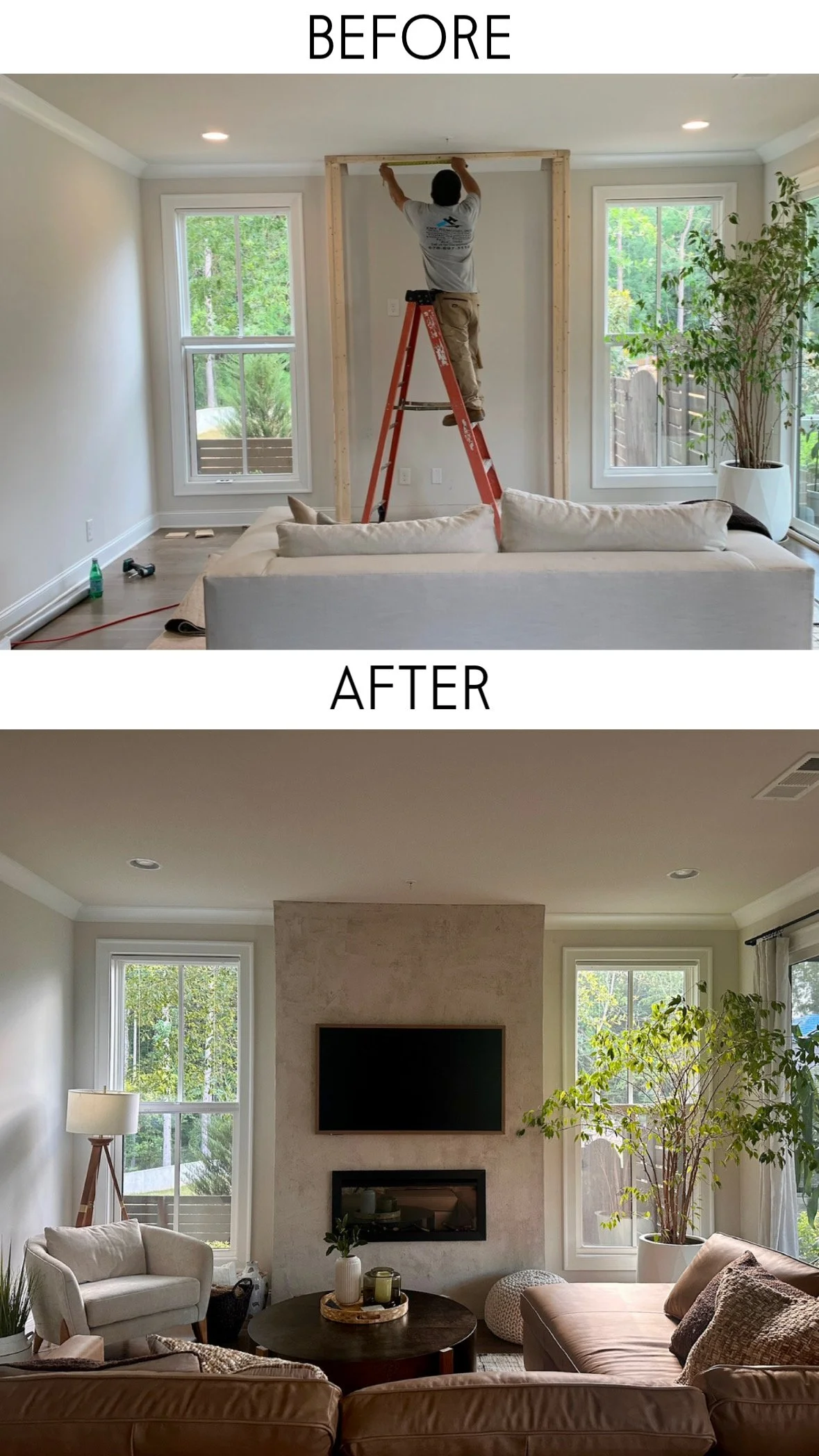 Living room with a new wall behind a television and the previous wall with windows and a fireplace.
