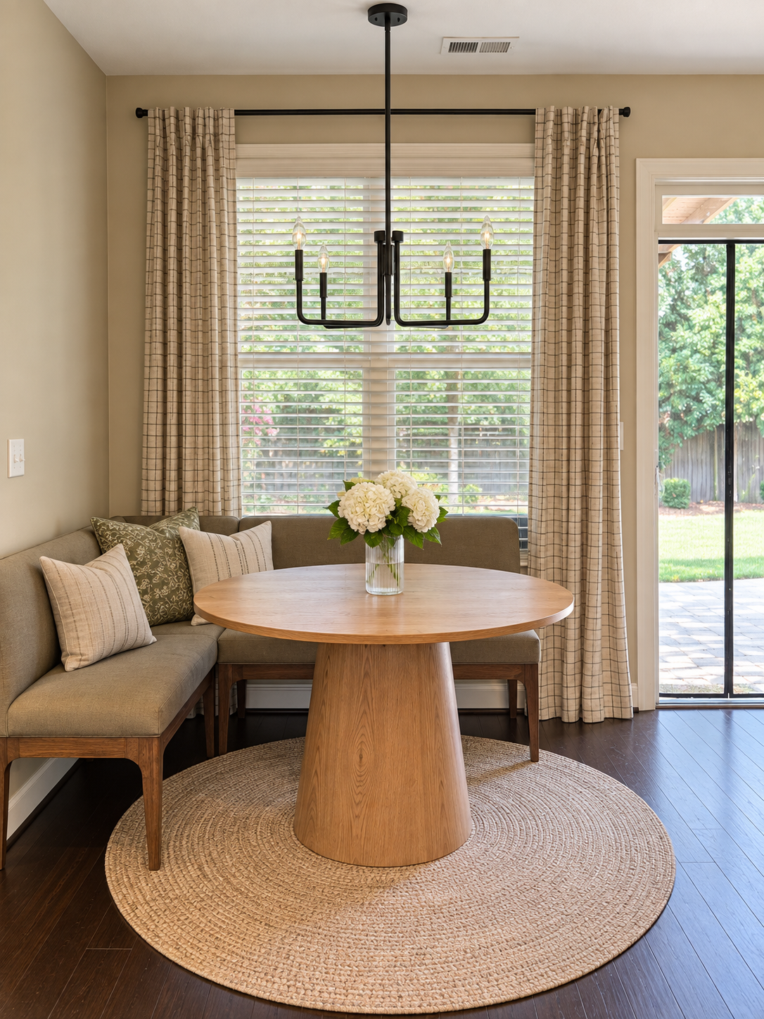 Interior of a dining area with a round wooden table, a vase of white flowers, a U-shaped built-in cork-colored cushioned bench with decorative pillows, a large window with white blinds and beige checkered curtains, and a sliding glass door leading ou