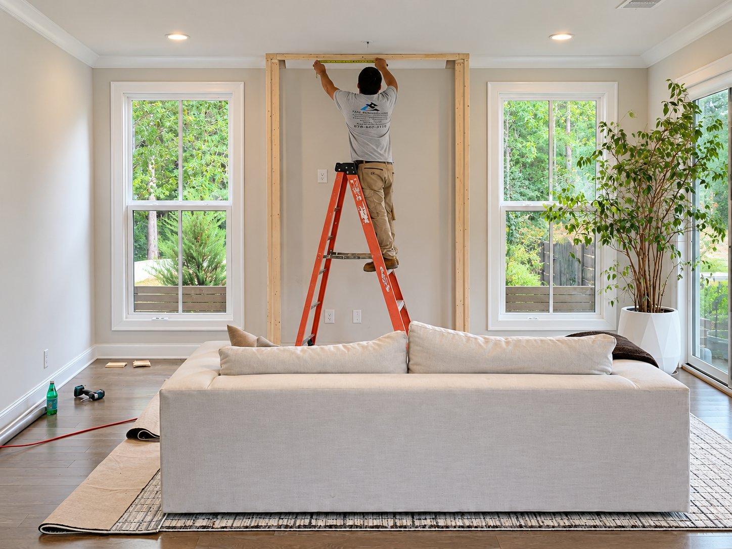 Man standing on a ladder installing a wall frame in a living room with large windows and a potted plant.