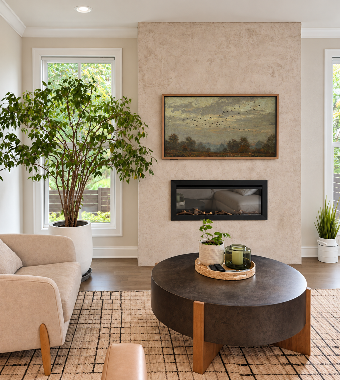 Living room with a large potted plant near a window, beige accent chair, round black coffee table with a tray holding candles and a plant, fireplace, painting of a landscape with birds, and additional plants in white pots.