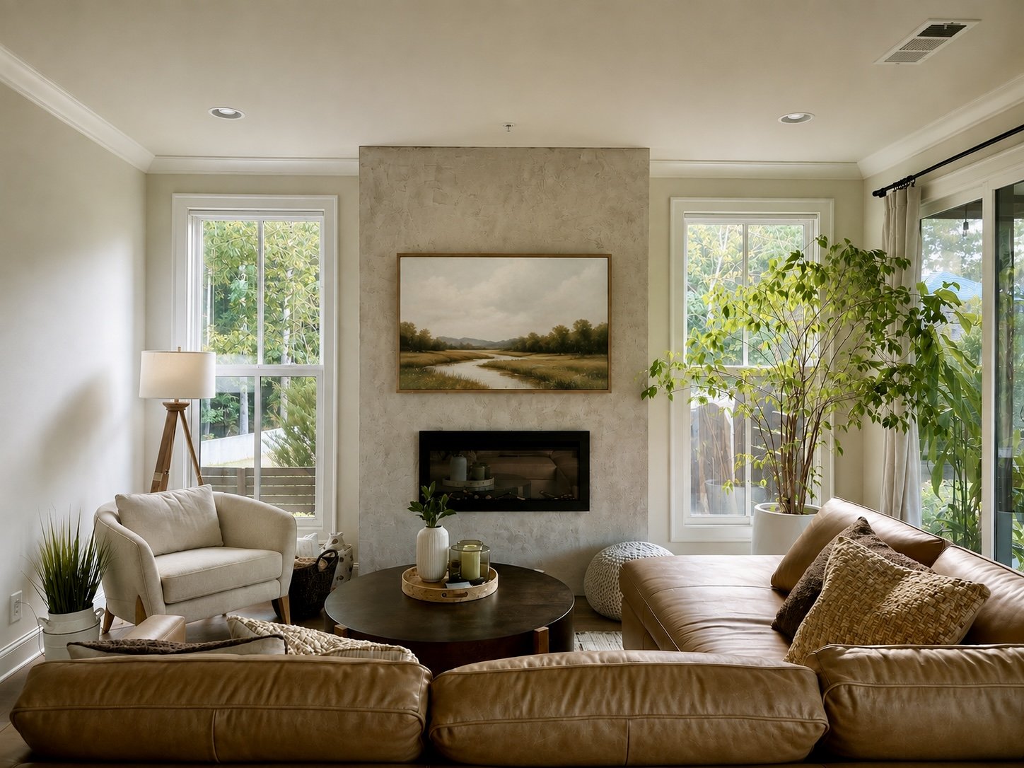 Cozy living room with a leather sofa, a beige armchair, a dark wood coffee table with candles and vases, large windows with greenery outside, a potted plant, and a framed landscape painting above a fireplace.