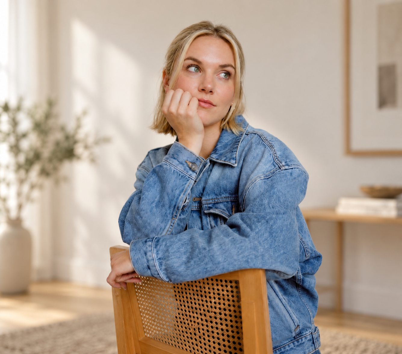 A young woman with blonde hair wearing a denim jacket, sitting at a wooden chair, resting her chin on her hand, in a brightly lit room with a blurred background, including a table and artwork.