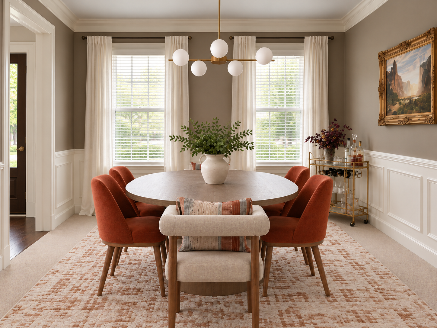 A dining room with beige walls and white wainscoting, featuring a round wooden table surrounded by six chairs with rust-colored and beige upholstery, a central white vase with green foliage, three large windows with white blinds and curtains, a moder