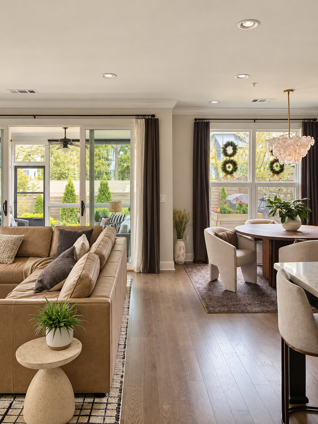 Open-concept living and dining room with large windows, neutral-colored furniture, and holiday wreath decorations