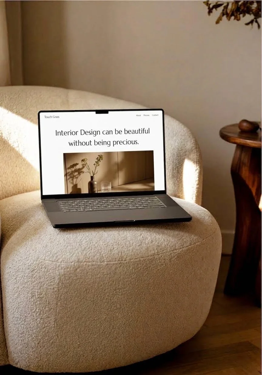 A laptop resting on a beige, textured armchair displaying a webpage about interior design with the quote "Interior Design can be beautiful without being precious," and a photo of a vase with branches. A side table with decorative object is next to the armchair.