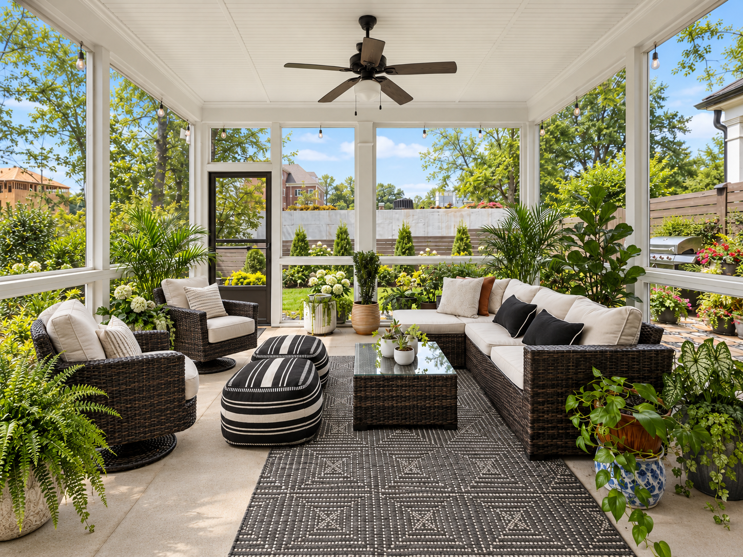 A screened porch with wicker furniture, potted plants, and outdoor plants, overlooking a lush backyard with trees and shrubs.