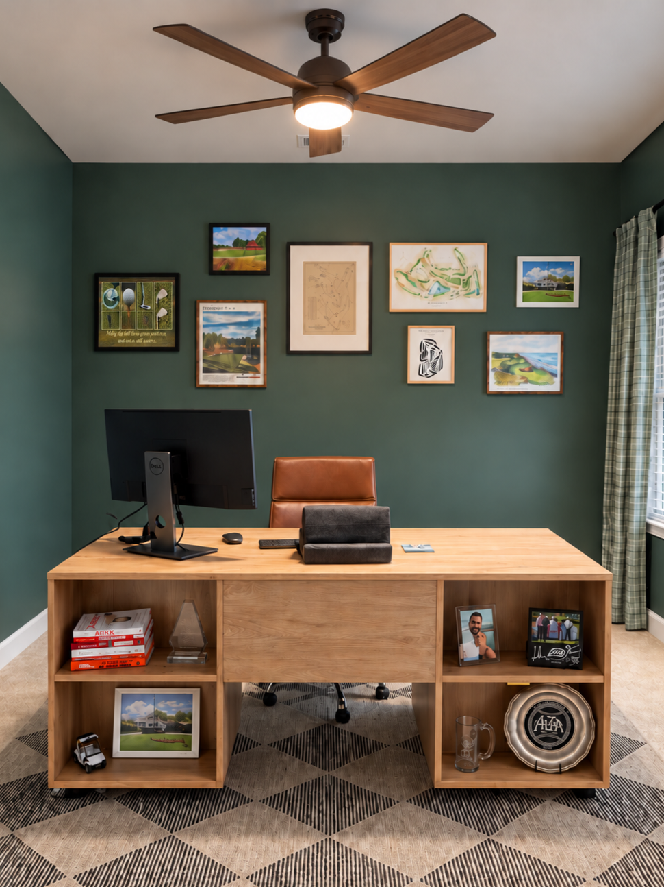 An office with a wooden desk, a computer monitor, a leather and fabric chair, and a green accent wall with framed pictures, paintings, and a small window with checkered curtains.