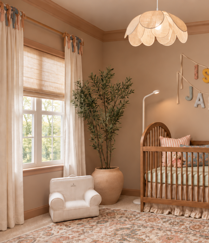 Nursery room with a crib, large potted plant, small white armchair, window with beige curtains, and a decorative ceiling light