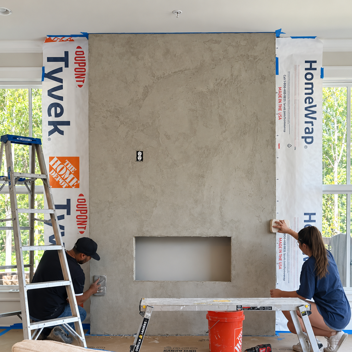 Two people installing custom stucco fireplace on living room wall, with a ladder, a bucket, and an open window showing trees outside.