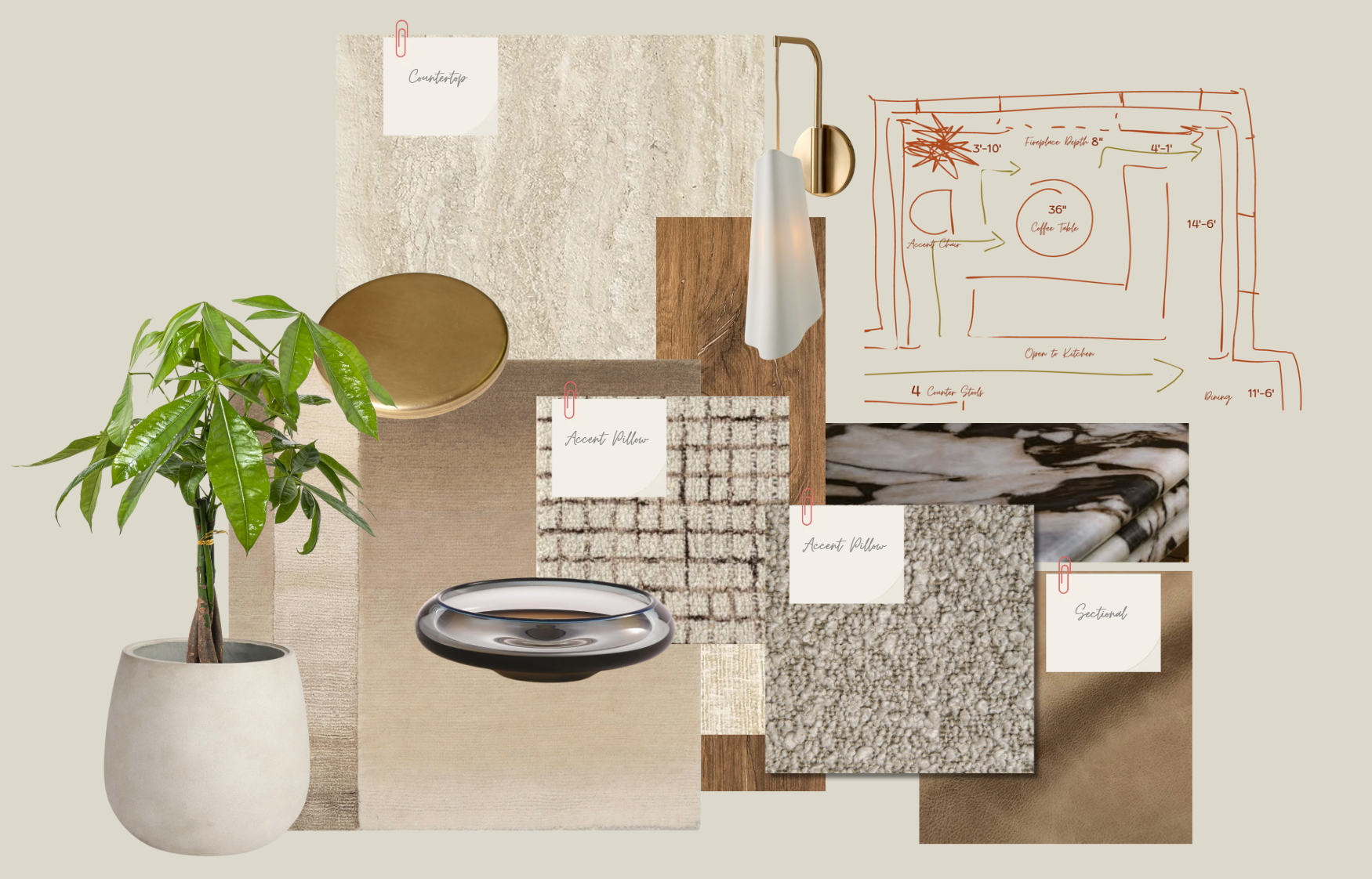 Design mood board with fabric samples, a potted plant, a tray, and a sketch of a room layout.