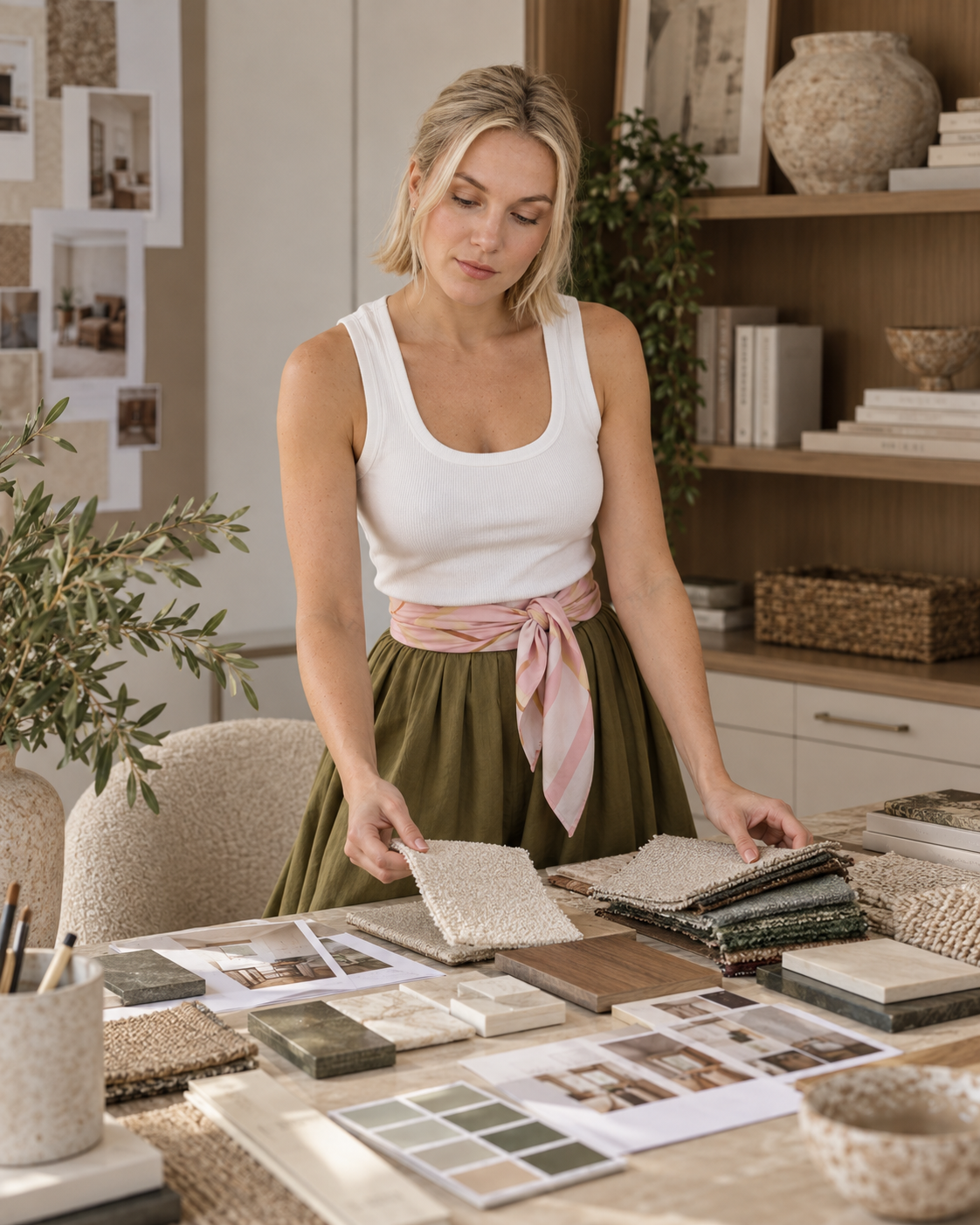 A woman in a white tank top and green skirt with a pink scarf stands at a table, examining fabric swatches and material samples in a home decor or interior design setting.