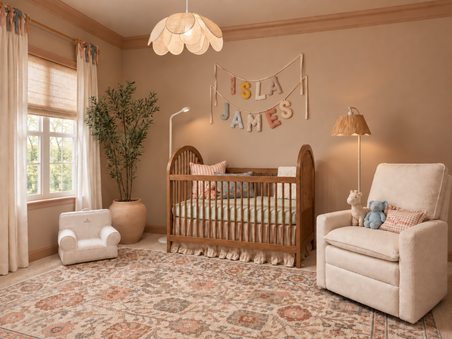 A cozy nursery with a wooden cradle, plush dolls, a white armchair, a large potted plant, a window with cream curtains, and a decorative banner on the wall that spells out 'ISLA JAMES' amidst warm lighting.