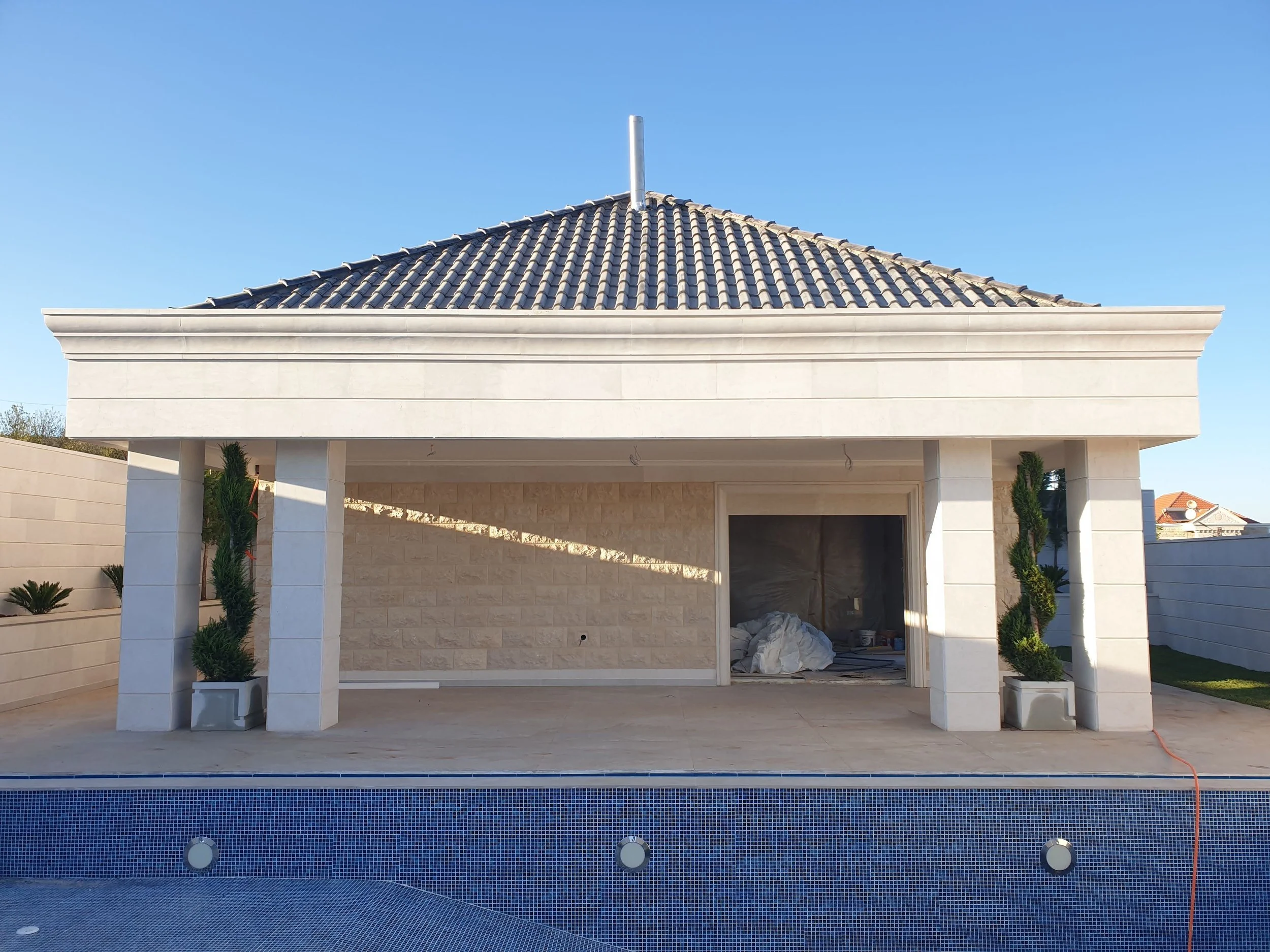 Exterior view of a modern house showing a tiled roof, white walls, a garage area, and decorative plants on each side. A blue pool with underwater lights is visible at the bottom of the image.