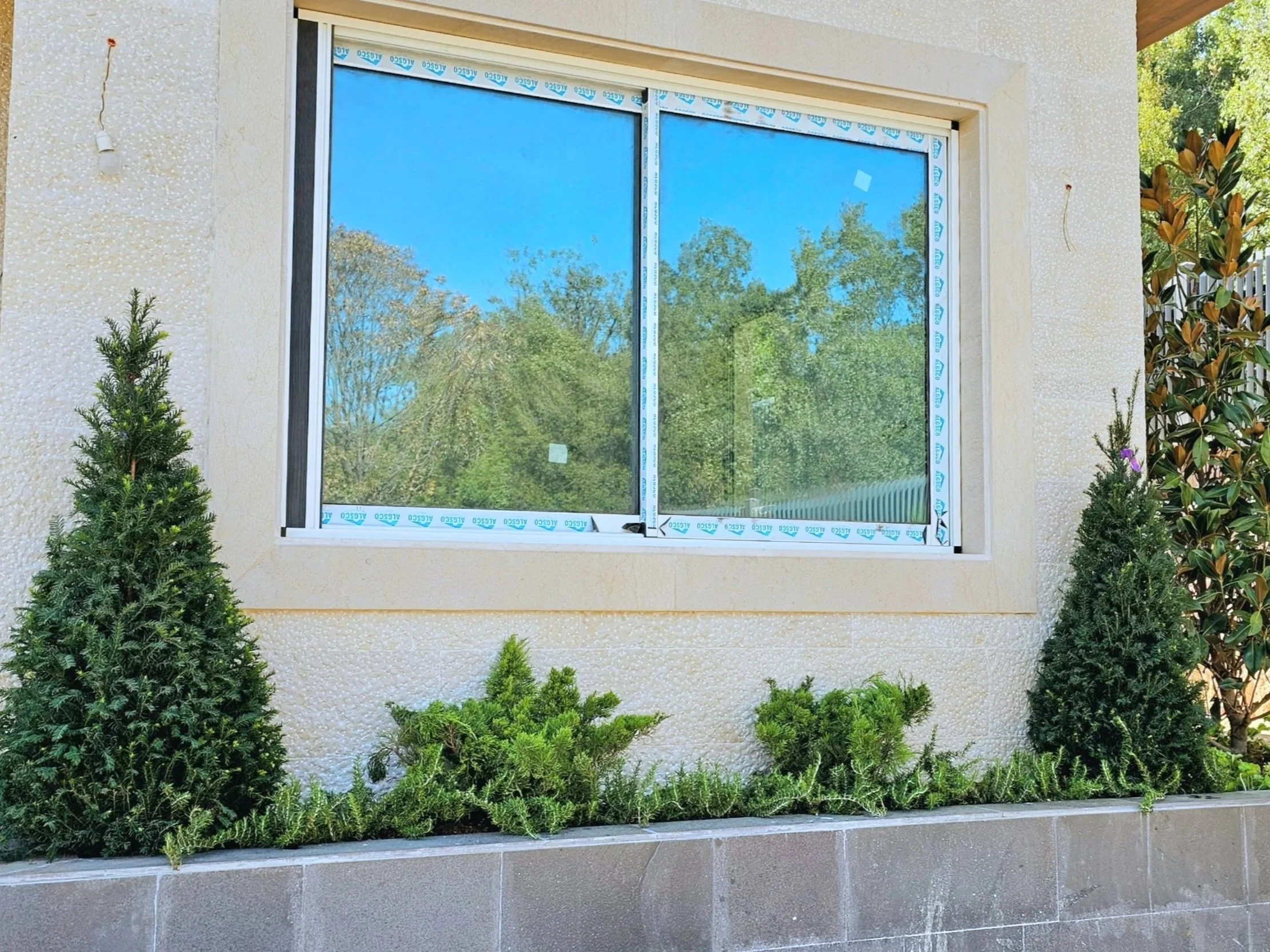 Building exterior with a large window, surrounded by green bushes and trees, and decorative plants on the side.