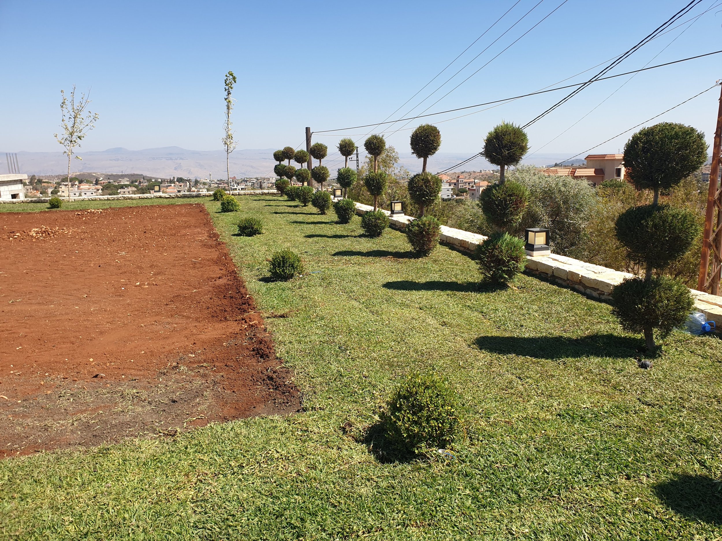 A landscaped yard with trimmed bushes and small trees, a section of freshly tilled red soil, and a distant view of a residential area with hills in the background. Power lines run across the top of the image.