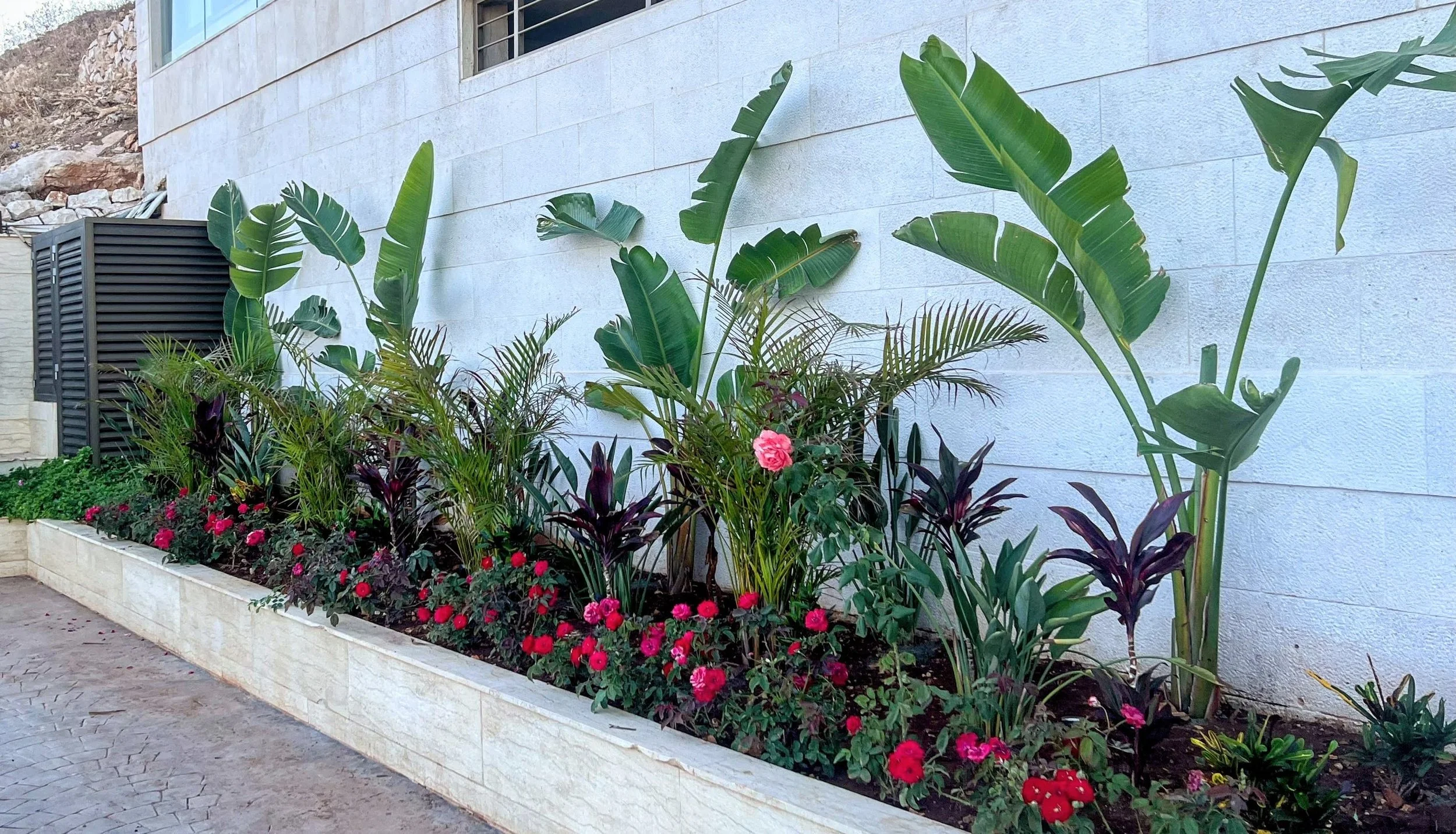 A flower bed with pink and red flowers and various green plants, located next to a light-colored stone wall and sidewalk.