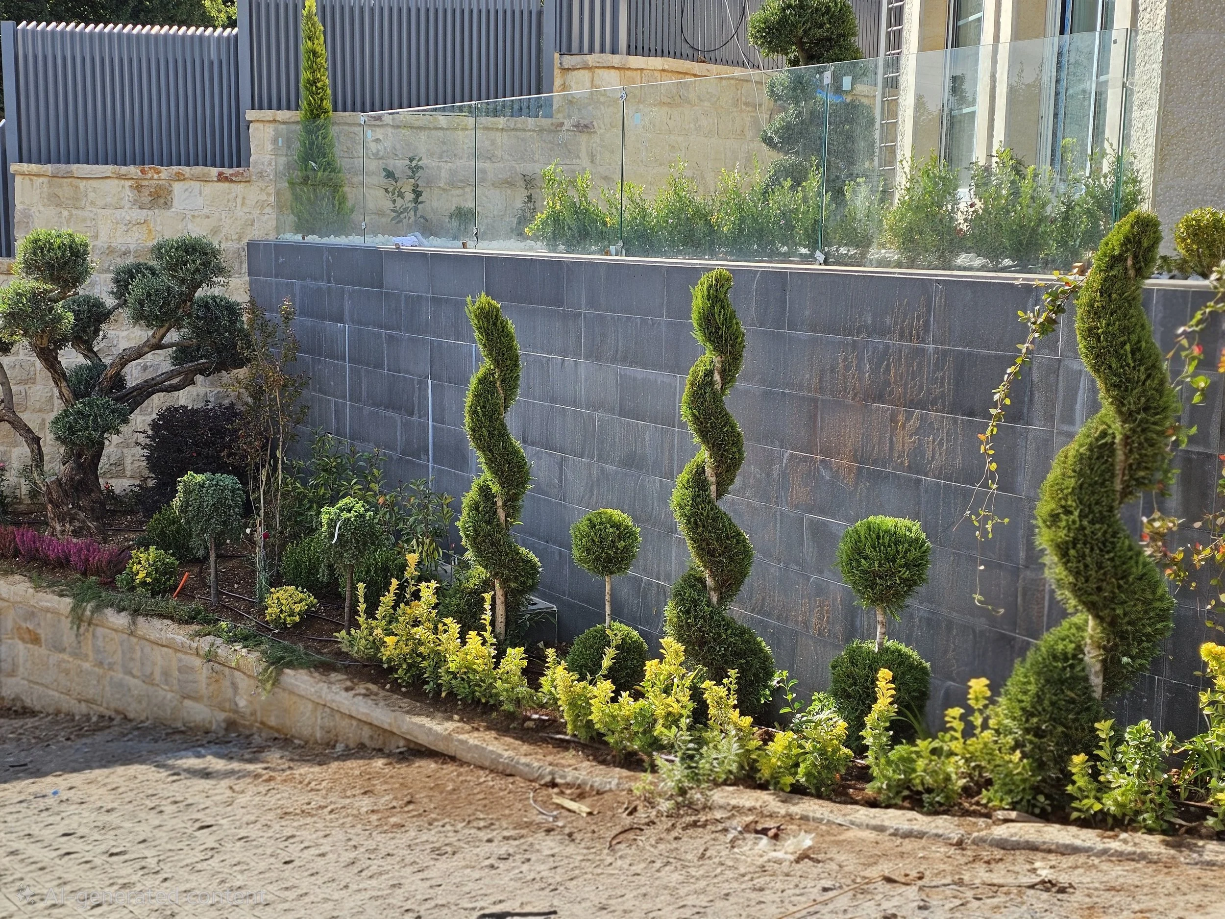 A landscaped backyard with a multi-level stone wall, glass fence, and various shaped and sized bushes and trees.