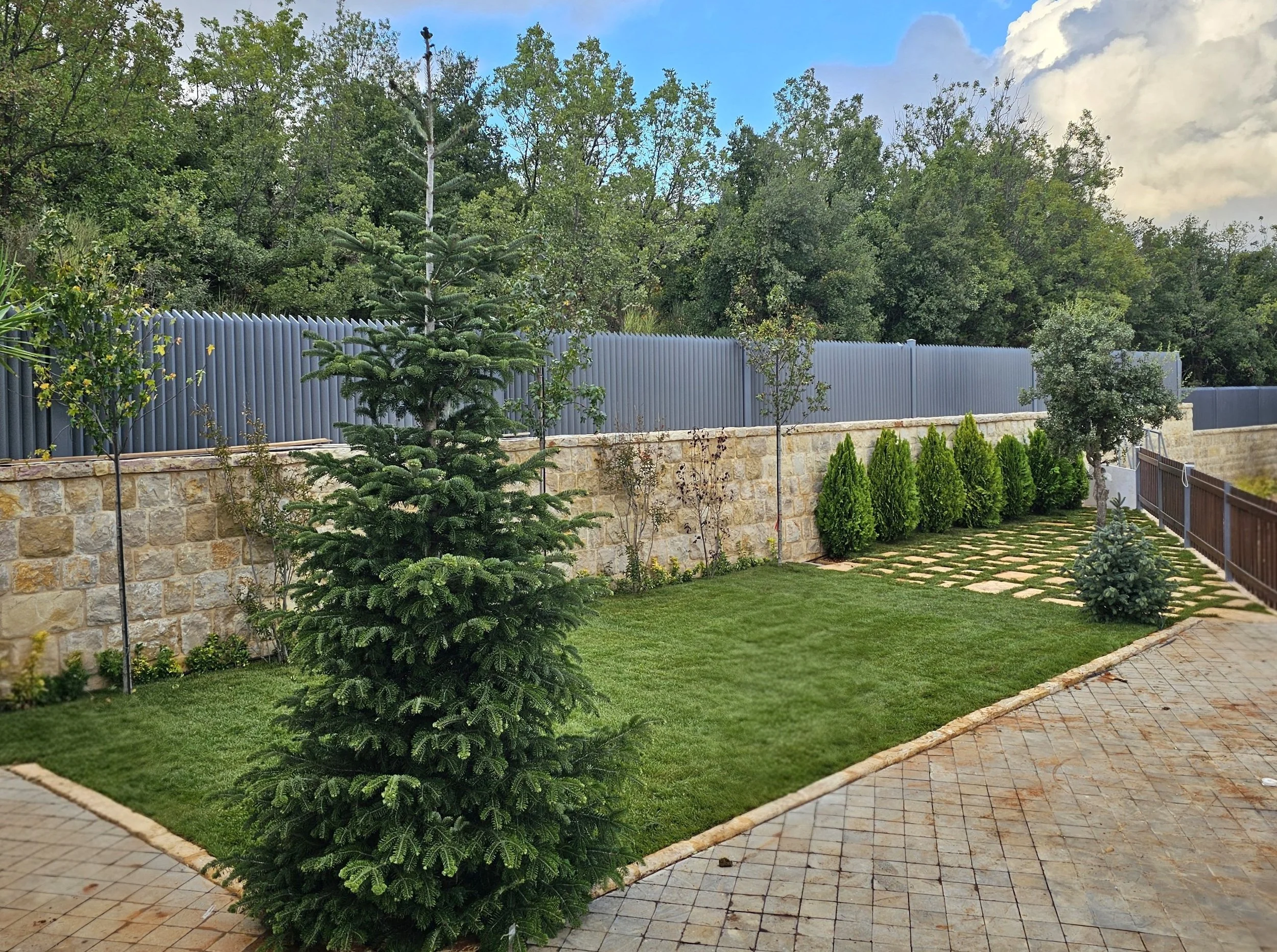 A lush green backyard with a stone wall, several small and medium-sized trees, and a neatly trimmed lawn. There's a tall coniferous tree in the foreground, a paved pathway to the right, and a tall blue-gray fence separating the yard from a wooded area with dense trees in the background. The sky is partly cloudy with patches of blue.