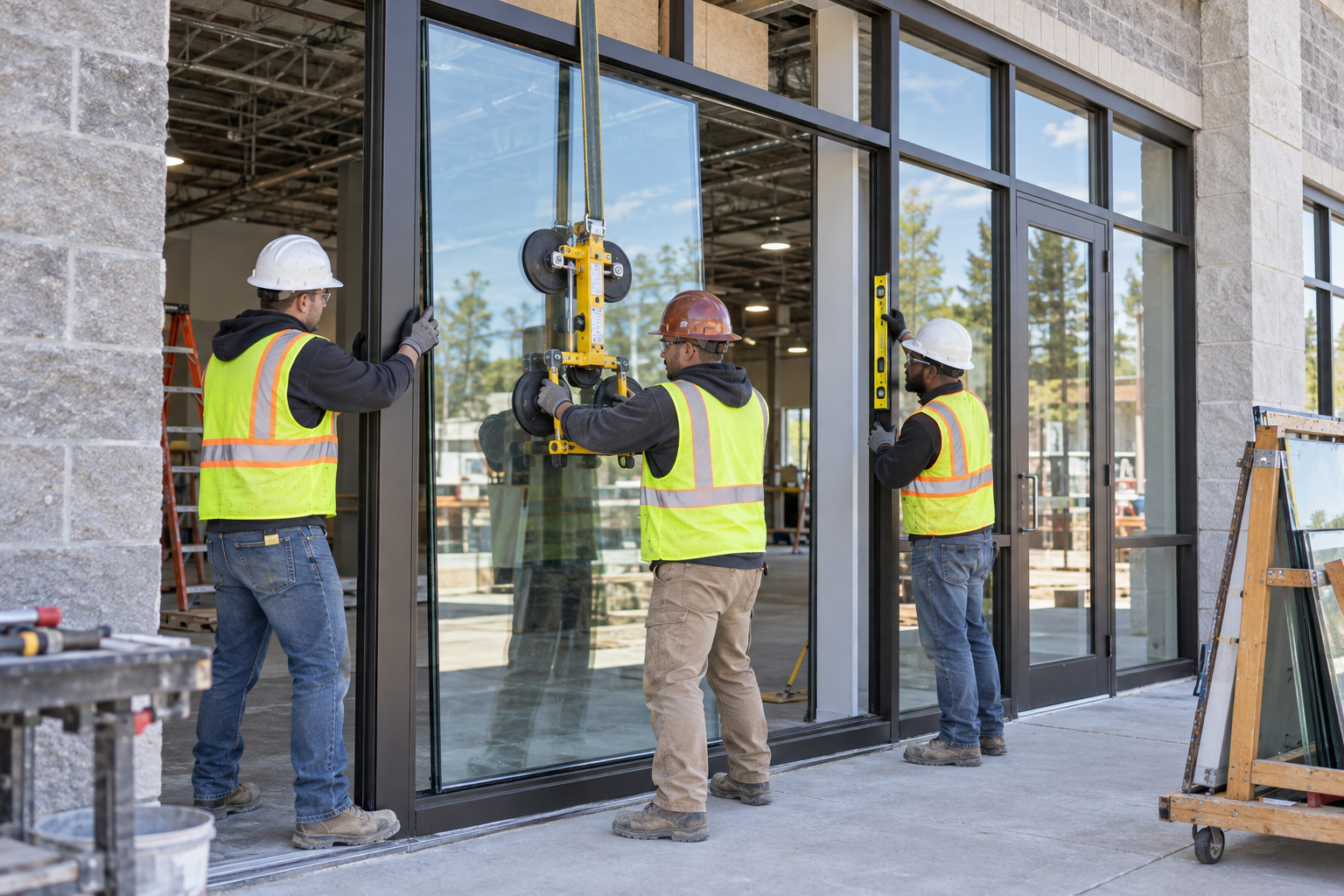 Workers installing large glass panels on a storefront during construction, using suction cups and levels, with construction tools nearby.
