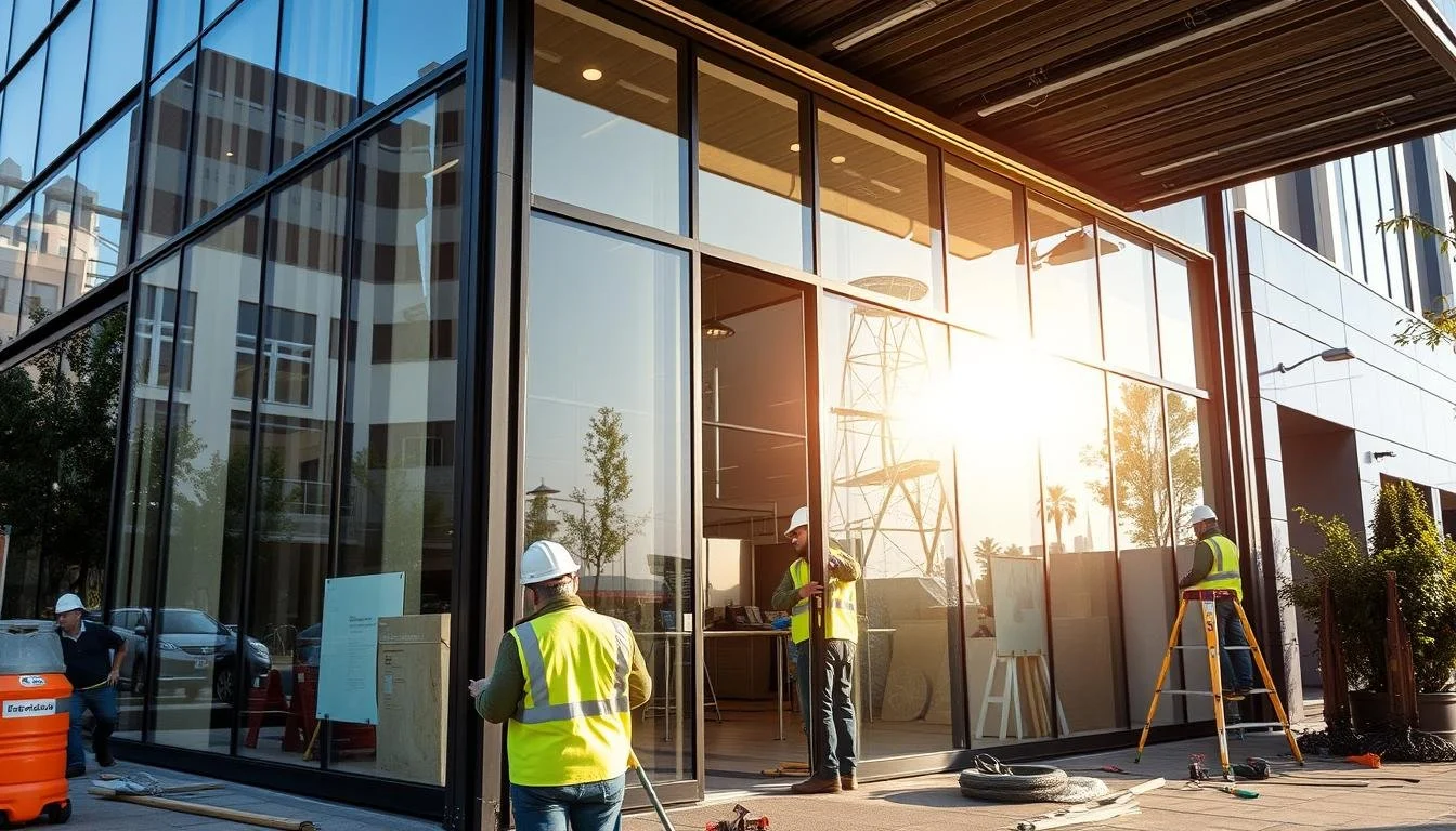 Construction workers in yellow safety vests and hard hats working outside a modern glass building with sunlight shining through the windows.