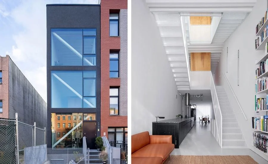 Side-by-side view of a modern building exterior and an interior staircase area.