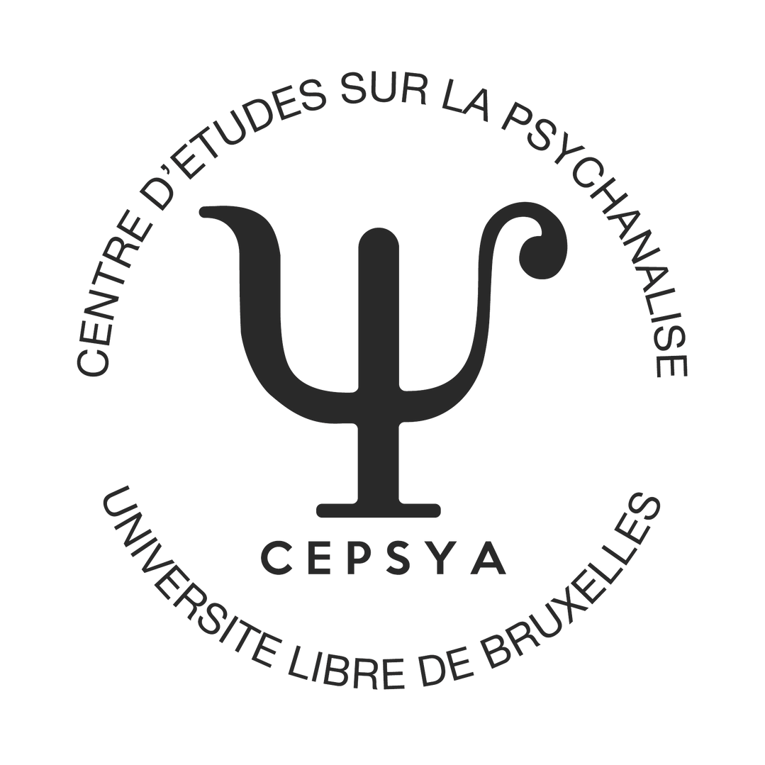 Logo du Centre d'Études sur la PsychCHANALYSE (CEPSYA), avec un micro stylisé au centre et le nom derrière, entouré du texte "Centre d'Études sur la PsychCHANALYSE" et "Université Libre de Bruxelles".