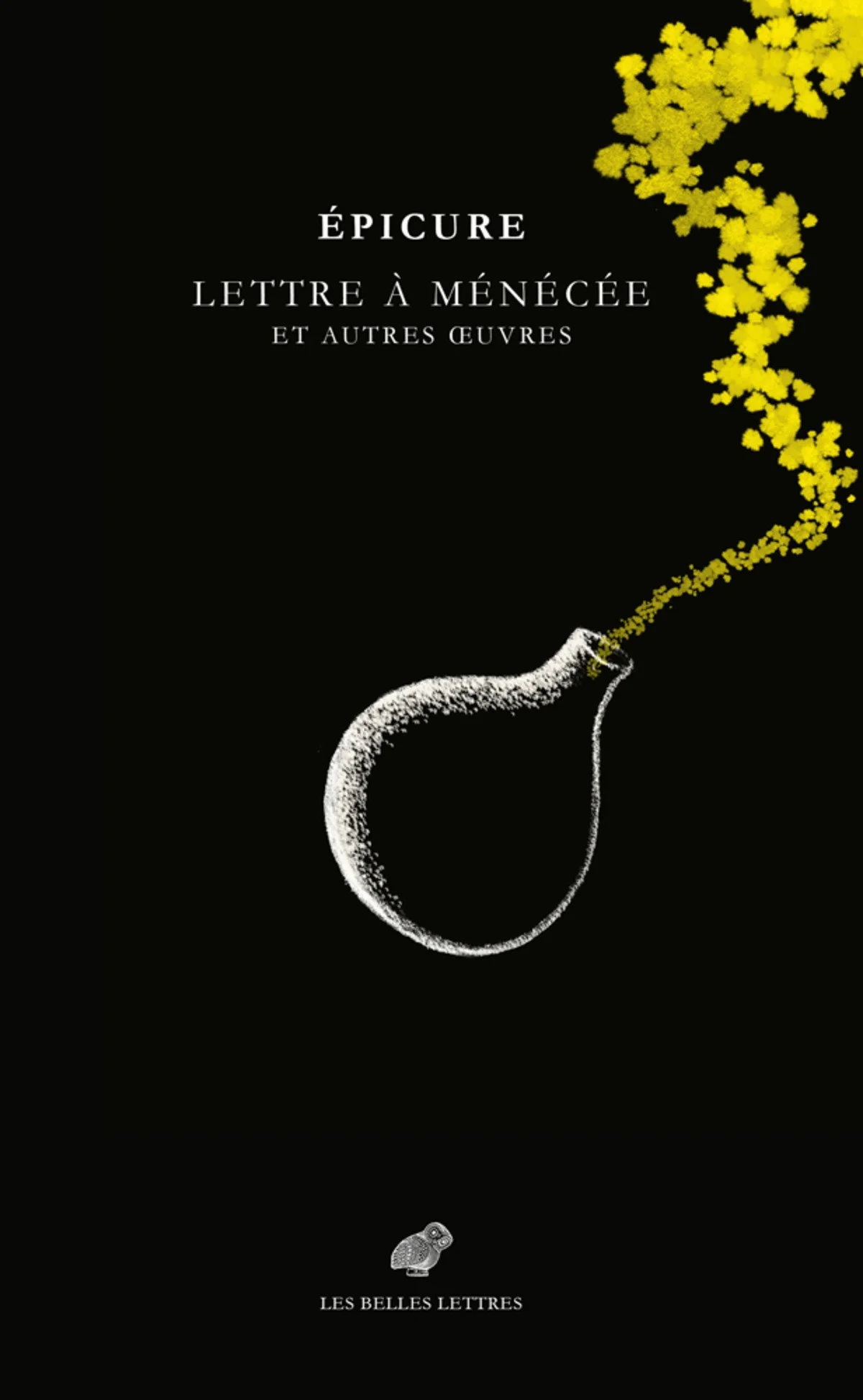 Couverture du livre avec le titre "Épicure lettre à Ménécée et autres œuvres" écrit en français, illustration d'une tête de personnage en profil avec de la fumée jaune formant une trace, et un petit oiseau ou une créature à la base, fond noir.