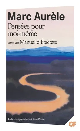 Couverture d'un livre intitulé "Pensées pour moi-même" de Marc Aurèle, avec une illustration d'une route sinueuse à travers un paysage de montagnes.