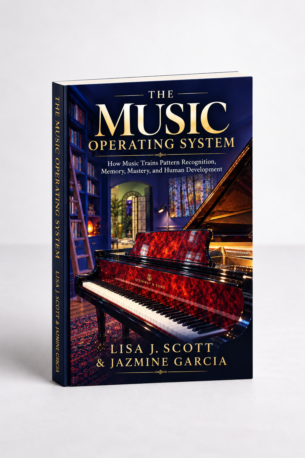 Book cover titled 'The Music Operating System' by Lisa J. Scott and Jazmine Garcia, featuring an indoor scene with a grand piano and bookshelves.