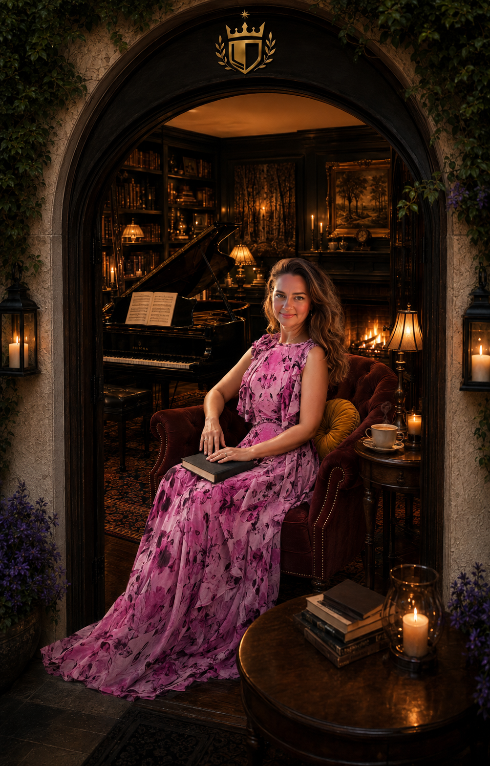 Lisa J Scott in a pink floral dress sitting on a vintage armchair in a cozy, dimly lit room with a grand piano, candlelit lamps, books, and artwork, creating an elegant, warm ambiance.