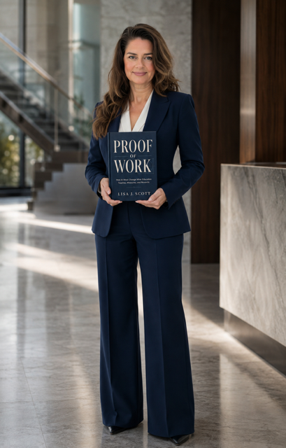 Woman in a navy blue suit holding a book titled 'Proof of Work' by Lisa J. Scott in a modern office building lobby.