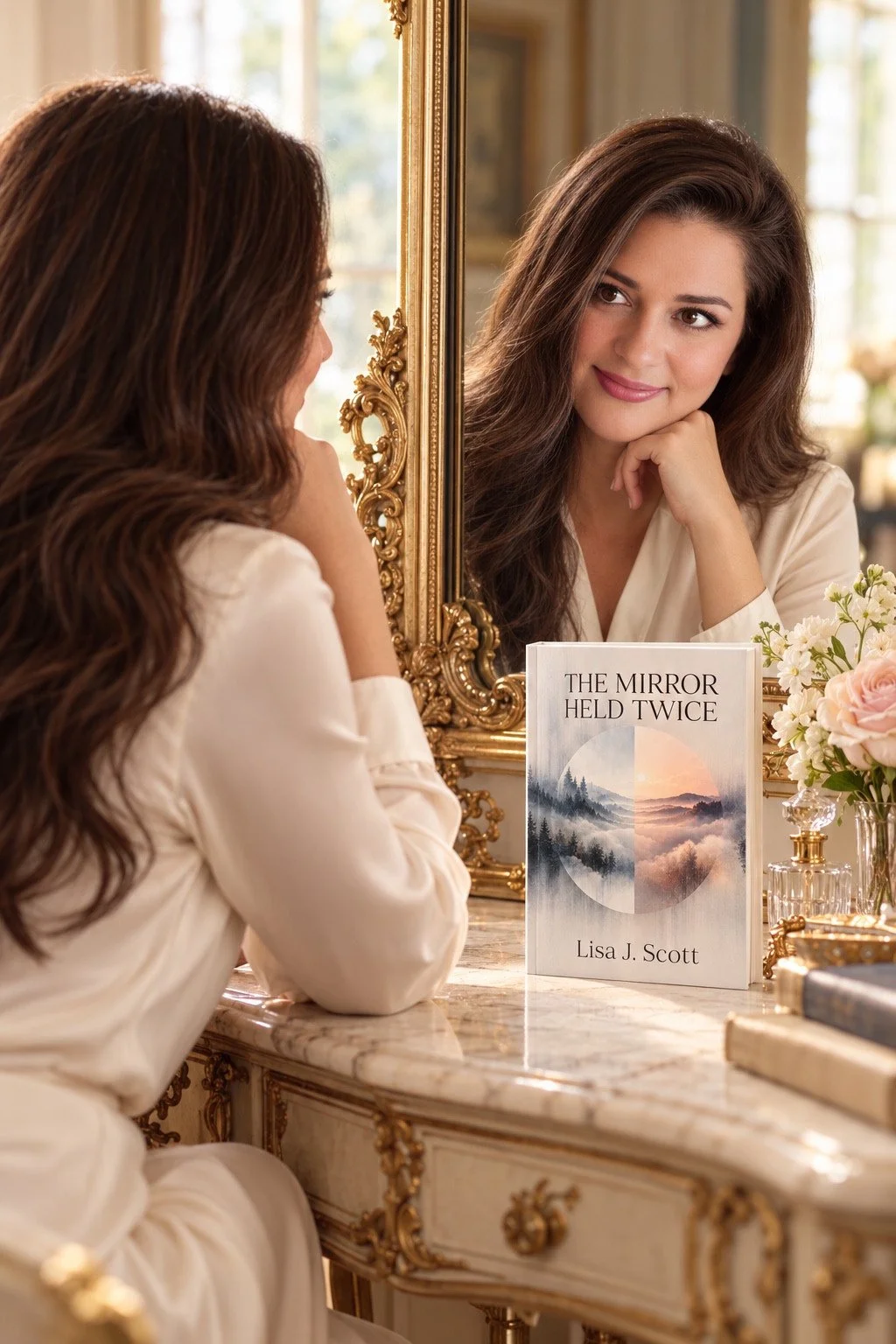 A woman looking into an ornate mirror, with The Mirror Held Twice by Lisa J. Scott on the vanity.