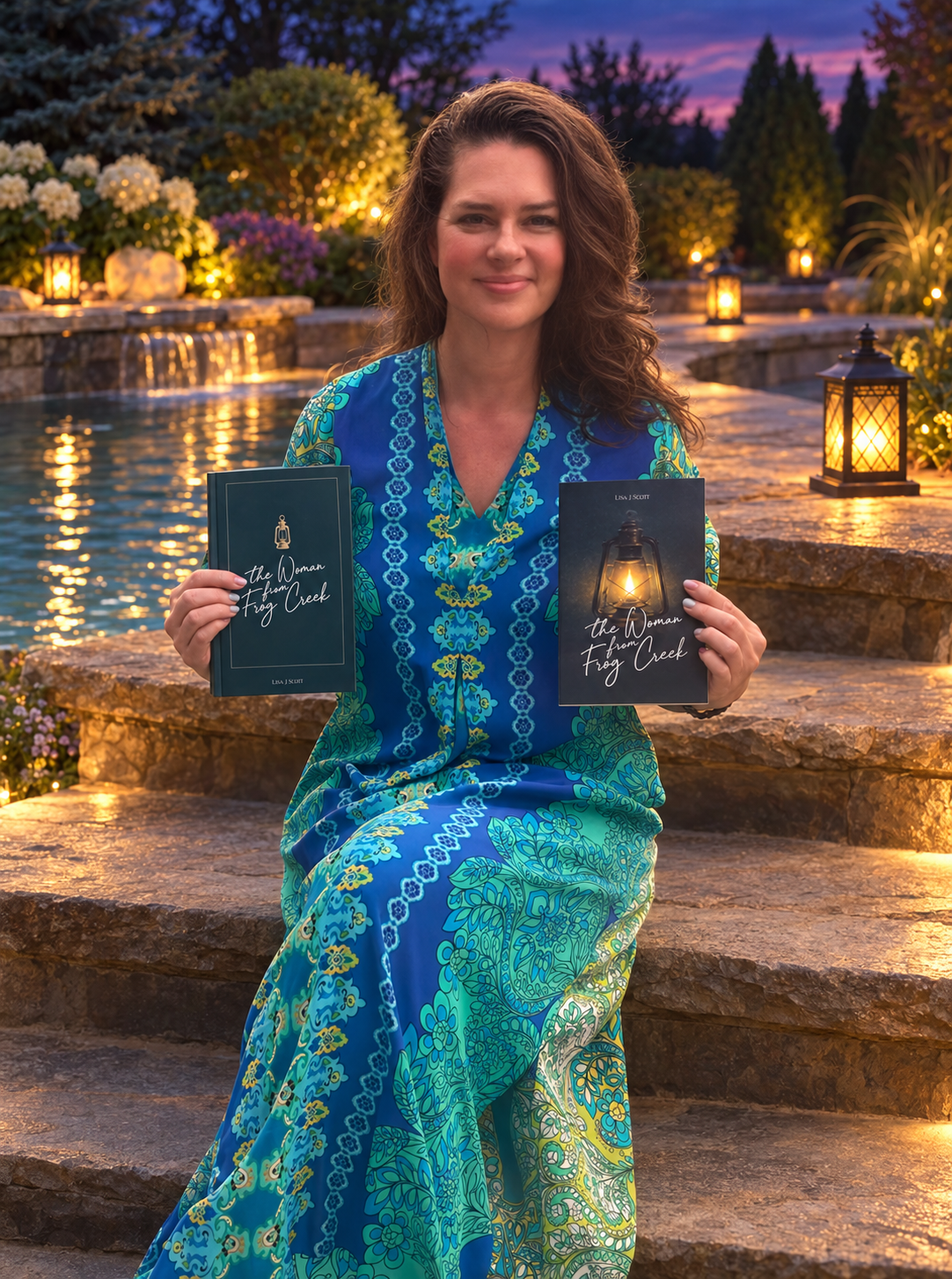 A woman in a blue patterned dress sitting on stone steps by a pond at sunset, holding two books titled 'The Woman from Frog Creek'.