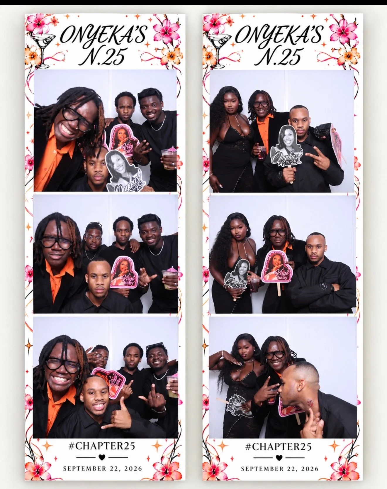 Photo booth strip with four pictures of a group of friends at a celebration. The strip has floral borders and celebratory graphics with the text 'Onyeka's N.25,' the date September 22, 2026, and hashtag #Chapter25.