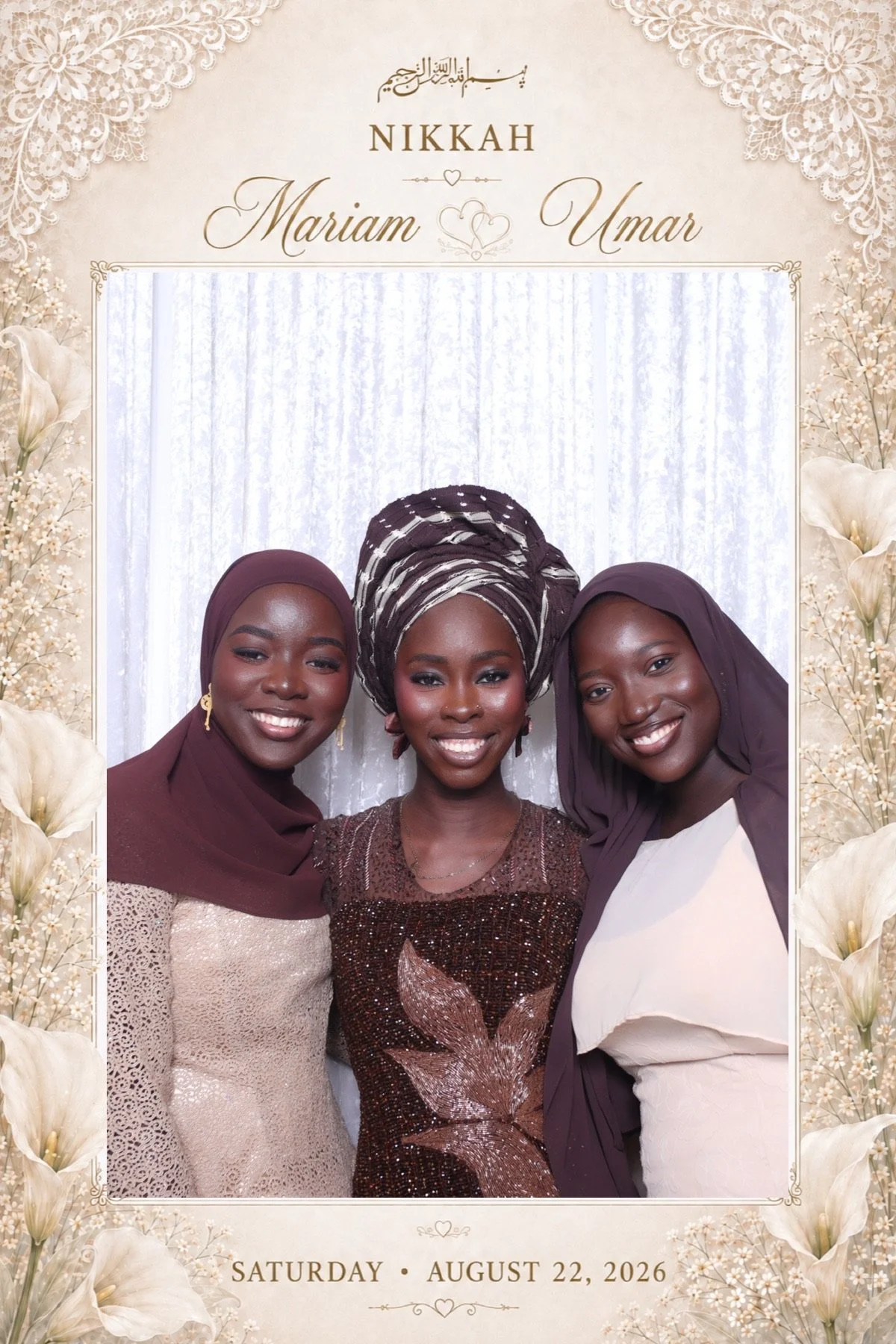 Three women dressed in elegant attire at a wedding celebration. The image is framed with floral decorations and text indicating the wedding date, Saturday, August 22, 2026.