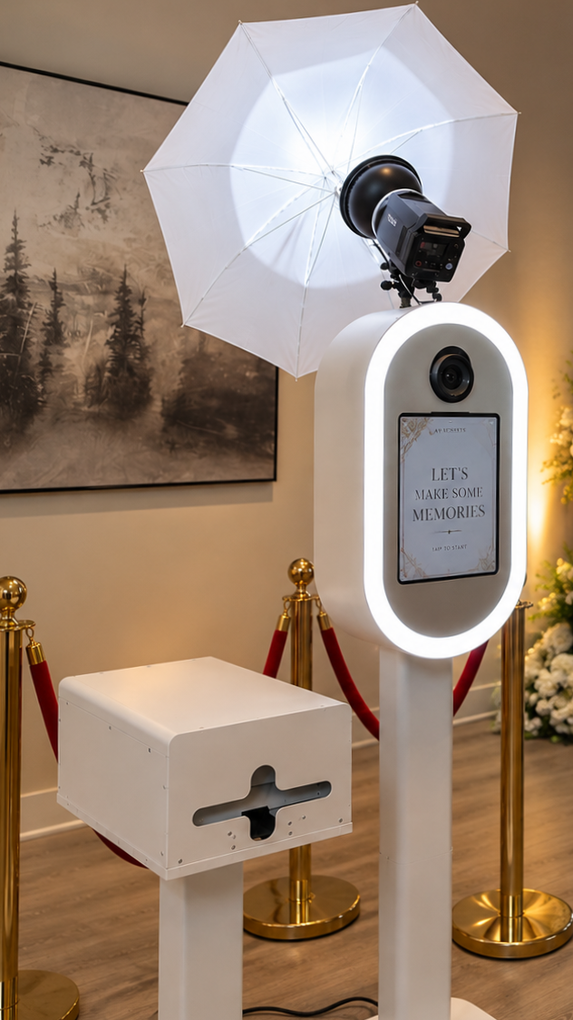 Photo of a modern photo booth setup with a white illuminated oval frame, a screen displaying 'Let's Make Some Memories,' a camera, a white umbrella light attached to the camera, and a white box with a slot on a stand. Red velvet ropes with gold stanchions surround the area. There is a black and white forest-themed artwork on the wall and some floral decoration nearby.