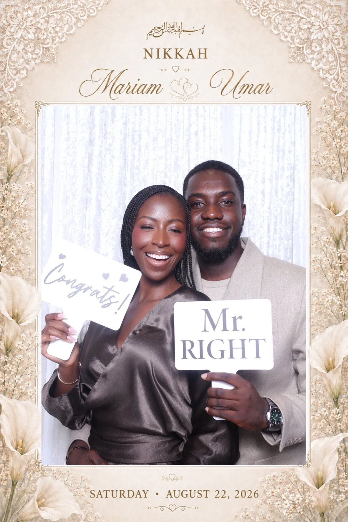 A couple at a wedding celebration holding signs that say "Congrats!" and "Mr. RIGHT." The woman is smiling and wearing a satin dress, while the man is smiling and dressed in a beige suit. The backdrop is decorated with white curtains, and the wedding date, Saturday, August 22, 2026, is at the bottom.
