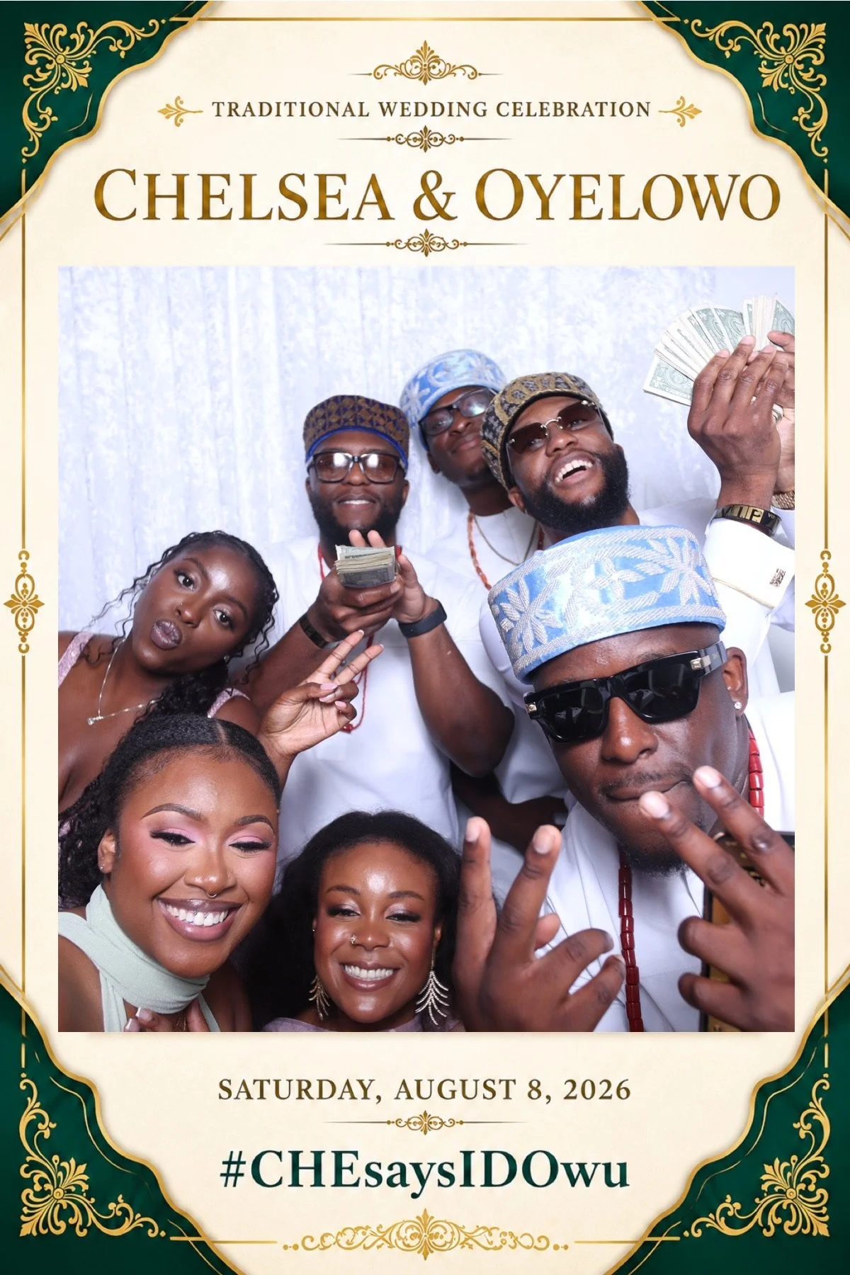 Group of people at a wedding celebration, posing together and making peace signs, with some holding cash, all smiling and dressed in festive attire. The background is white, and the frame has a green and gold decorative border with wedding details